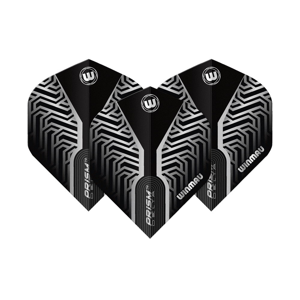 Vuelos estándar Winmau Prism Delta Silver No2 Dieses Bild zeigt Winmau Prism Delta Silver No2 Standard Flights. Silberne und schwarze Dart-Flights sind dargestellt.