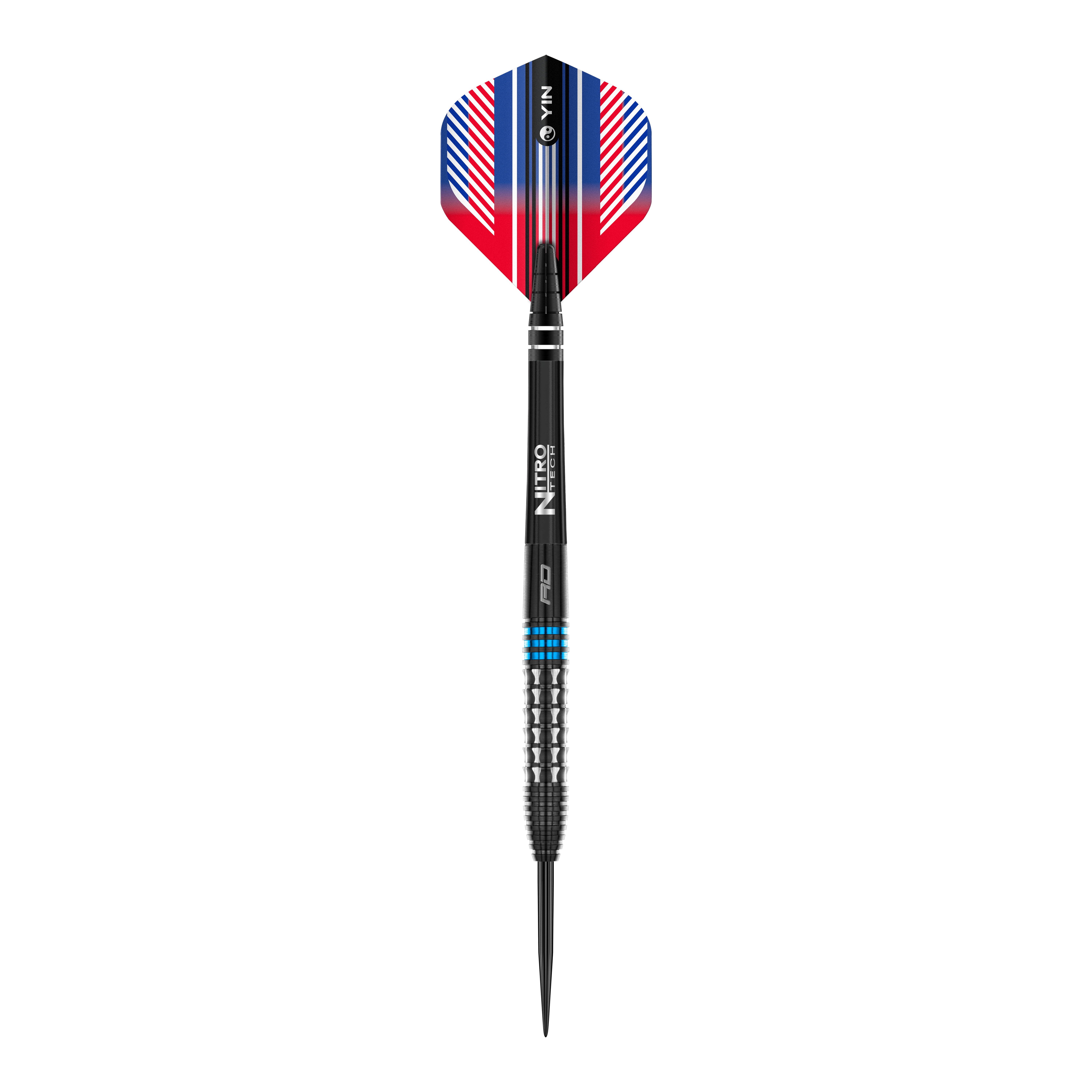 Dardos de acero azul Red Dragon Vengeance Das Bild zeigt einen Red Dragon Vengeance Blue Steeldart. Der Dart hat blaue und silberne Akzente sowie einen farbigen Flight in Rot, Blau und Weiß.