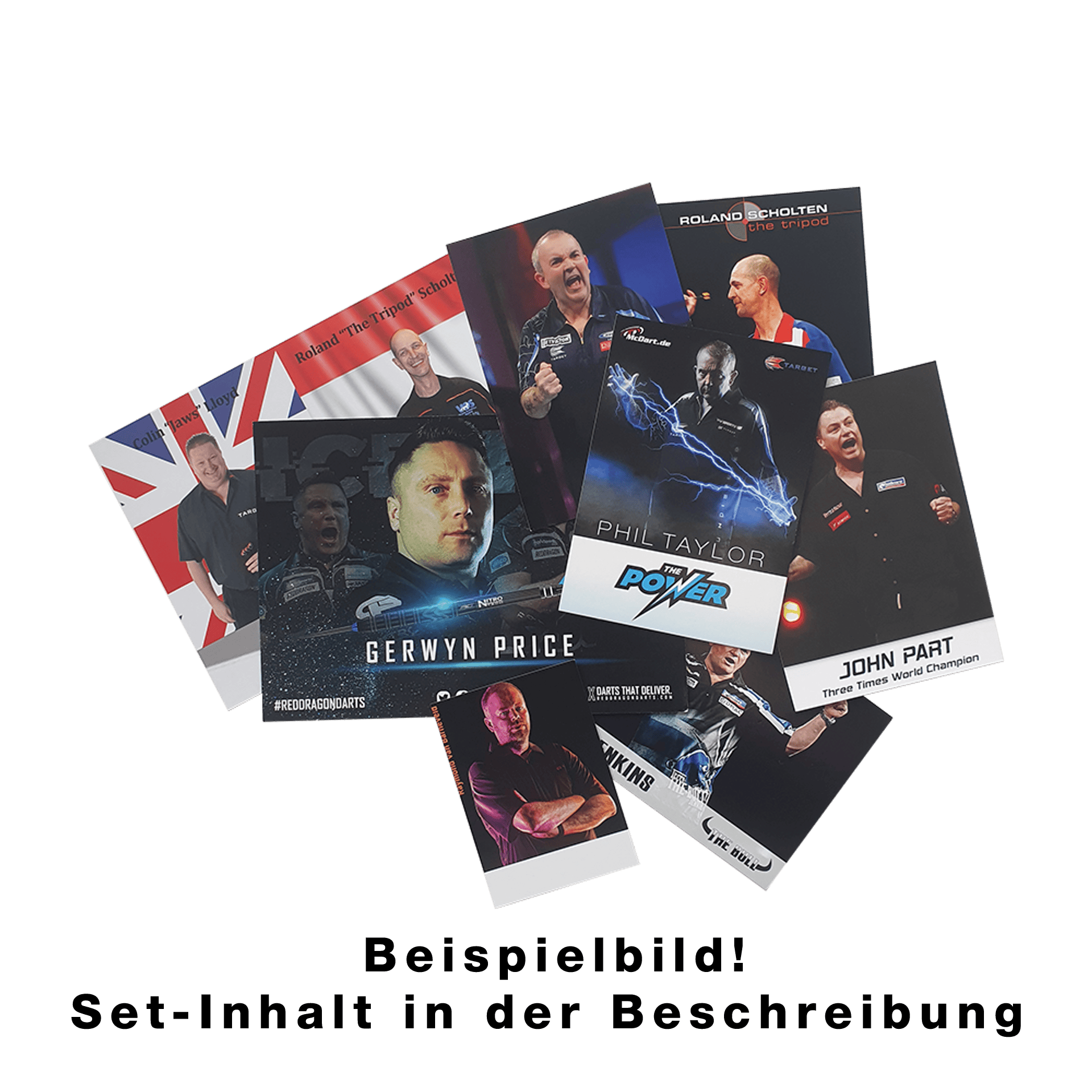 Juego de tarjetas de jugador con autógrafo Das Bild zeigt ein Set von Spielerkarten mit bekannten Dartspielern. Auf den Karten sind Fotos und Namen der Spieler abgebildet.