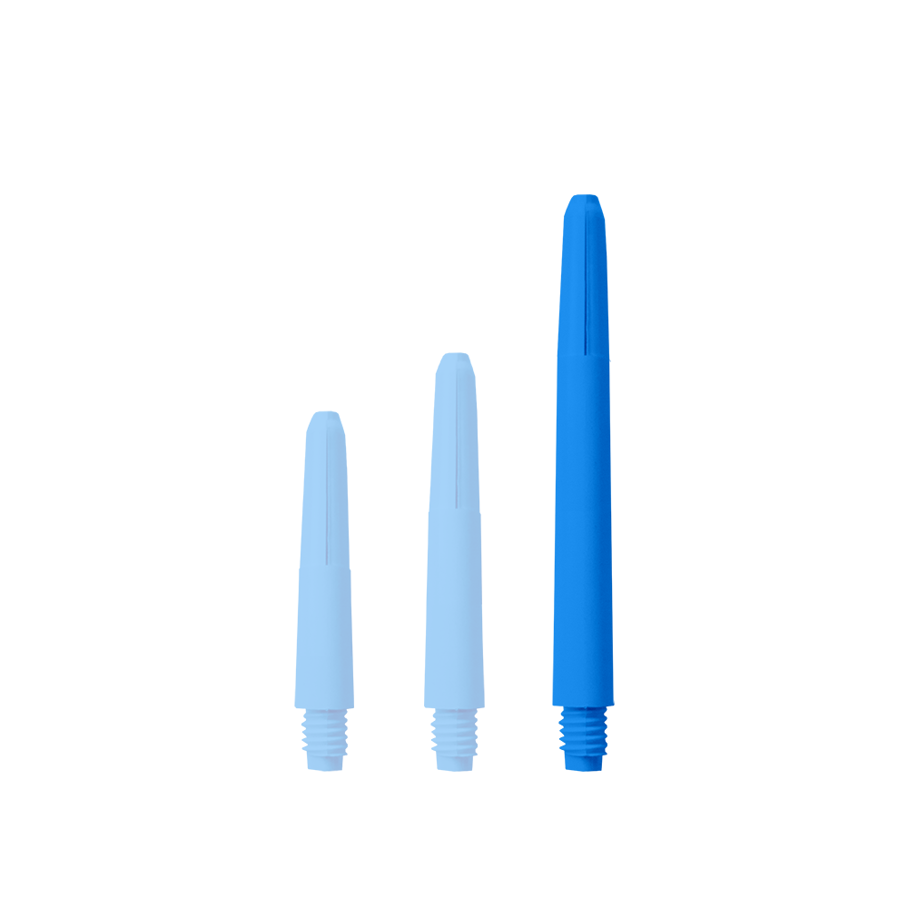 574_Nylon_Shafts_Blau_48mm_1Bvzzvt0GQ8W3G Das Bild zeigt drei blaue Nylon-Schäfte in unterschiedlichen Längen. Sie haben ein Schraubgewinde an einem Ende und sind für den Einsatz bei Darts gedacht.