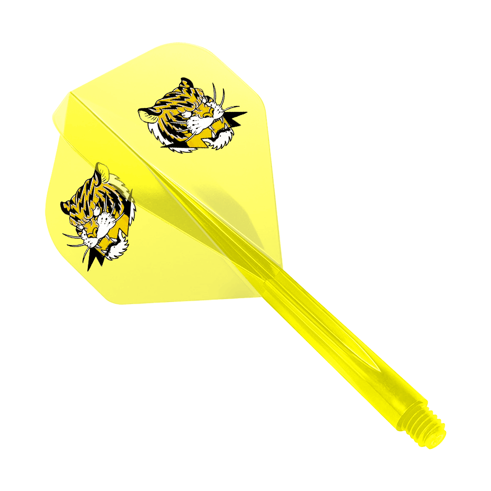 Sistema de vuelo Condor AX Inazuma Tiger Mix Amarillo Claro - Estándar Das Bild zeigt einen gelben Dart-Flight mit zwei Tigerköpfen als Motiv. Das Produkt ist das "Condor AXE Inazuma Tiger Mix Flight-System Yellow Clear - Standard".