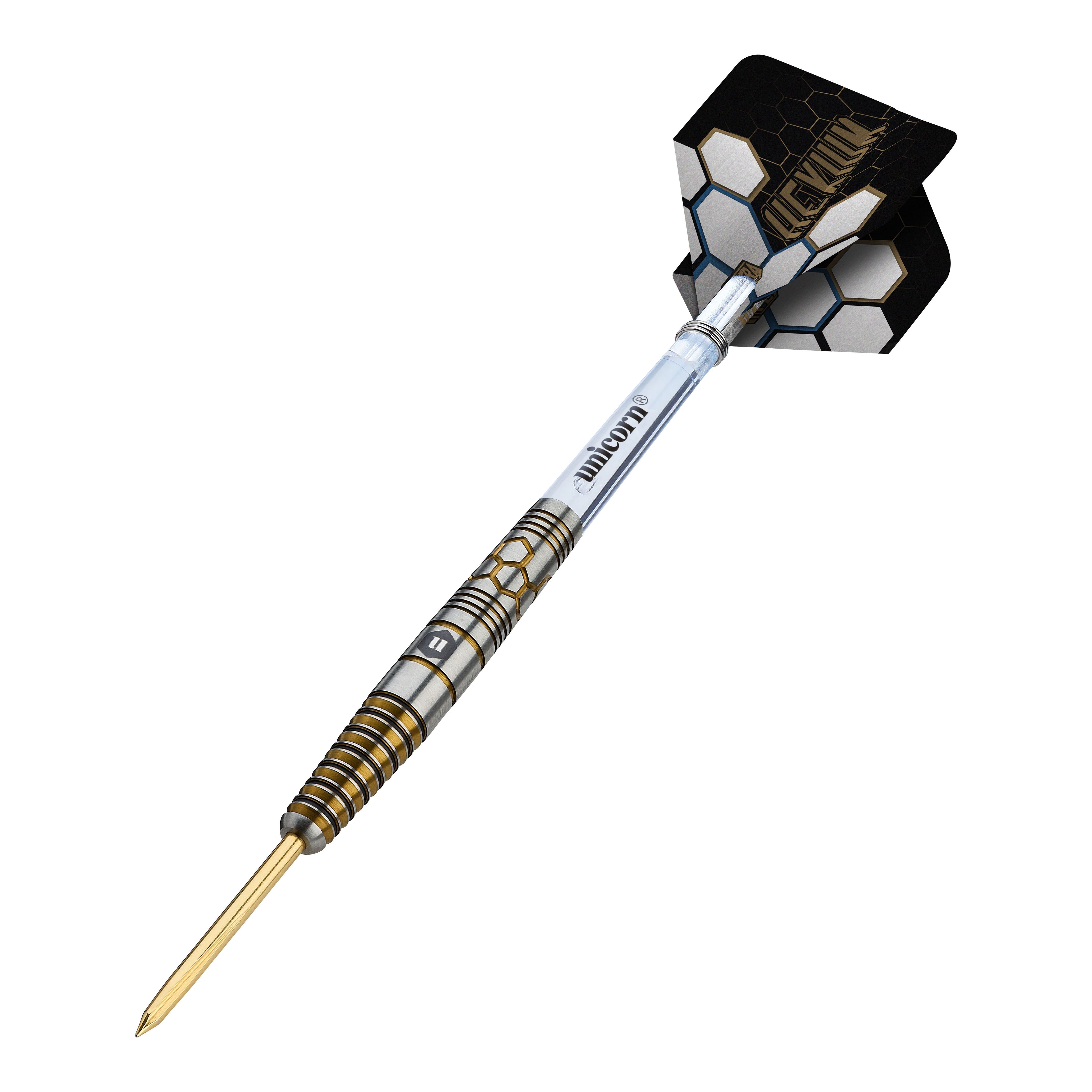 Dardos de acero Unicorn Hexium Style 03 dorados y negros Unicorn Hexium Style 03 Gold & Black Steeldarts sind auf diesem Bild zu sehen. Das Design kombiniert schwarze und goldene Elemente auf den Steeldarts.