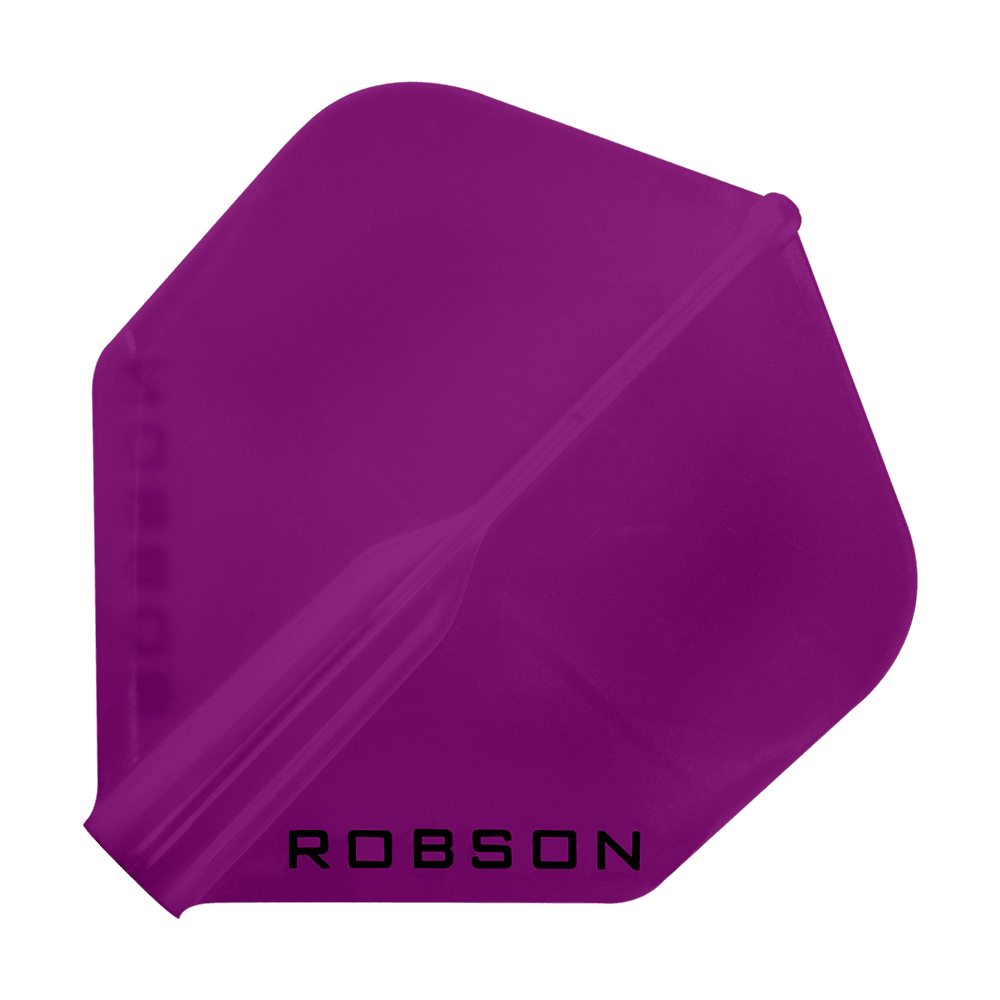 Plumas Robson Plus - Estándar Das Bild zeigt ein violettes Dartflugblatt in Standardform. Unten auf dem Flugblatt steht das Wort "ROBSON".