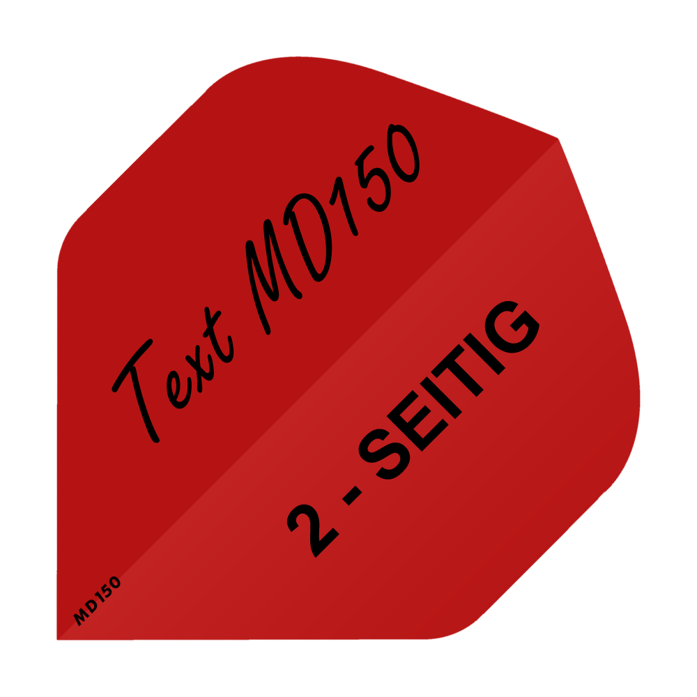 MD-207_2-Seitig_Bedruckte_Flights_Wunschtext_MD150_Rot_Standard_1 Das Bild zeigt eine rote Dart-Flight mit schwarzem Text. Auf der Flight steht "Text MD150" und "2 - SEITIG".