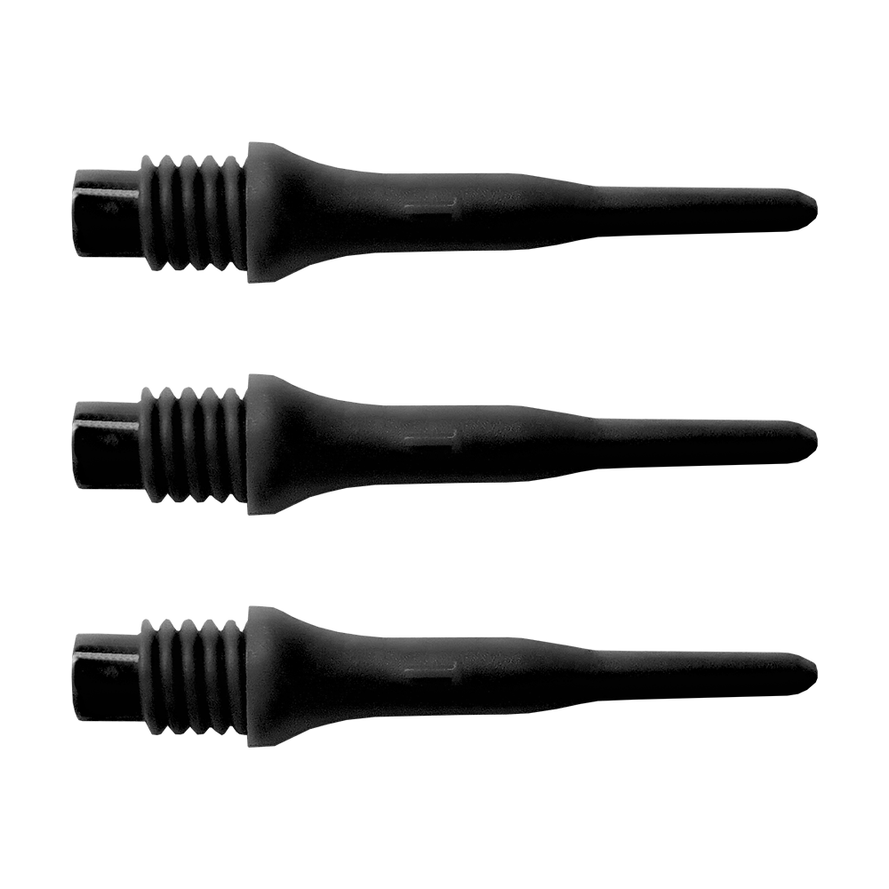 896_Bulls_Tefo_X_Softdart-Spitzen_100erPack_Schwarz_1Skth0HKgmtTar Das Bild zeigt drei schwarze Bull's Tefo X Spitzen, die nebeneinander liegen. Sie sind Ersatzspitzen für Softdartpfeile.