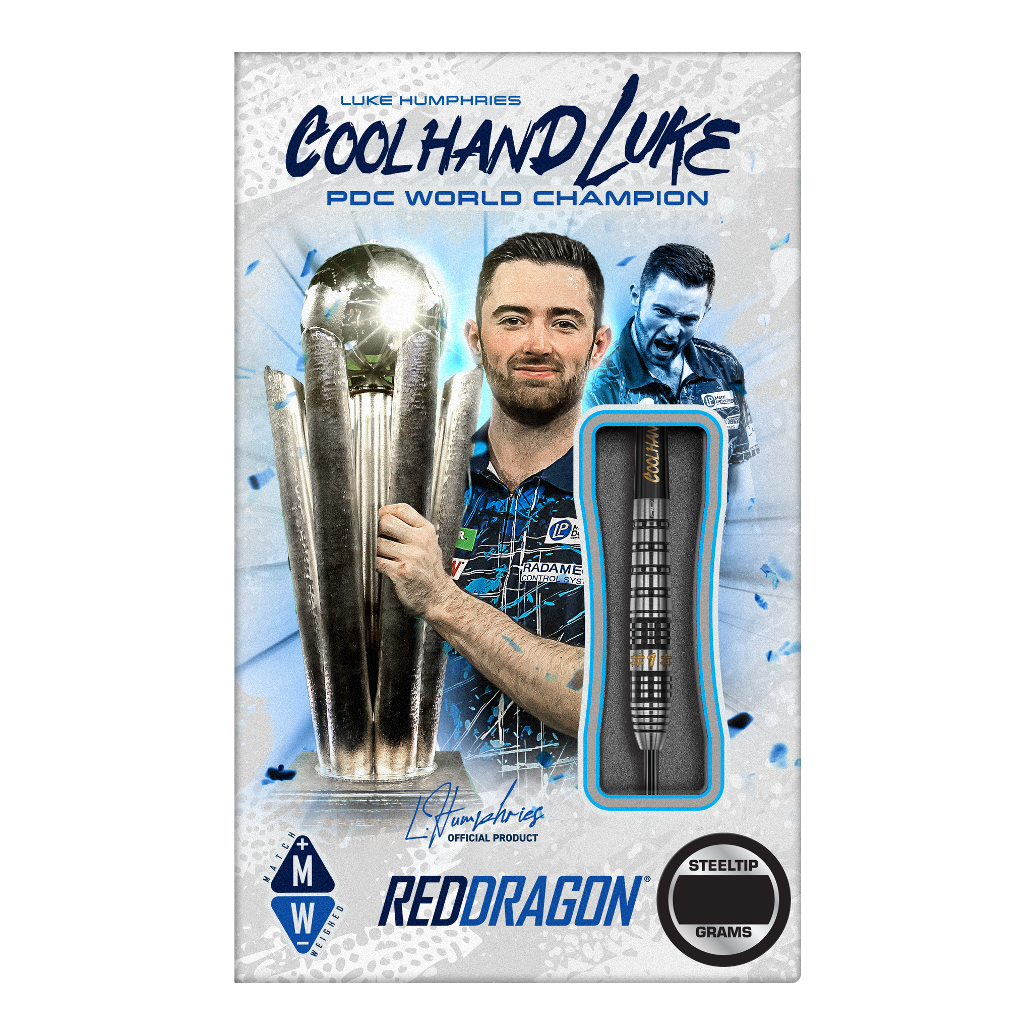 Dardos de acero Red Dragon Luke Humphries Prestige Das Bild zeigt das Produkt "Red Dragon Luke Humphries Prestige Steeldarts". Auf der Verpackung ist Luke Humphries mit einem Pokal und einem Steeldart abgebildet.