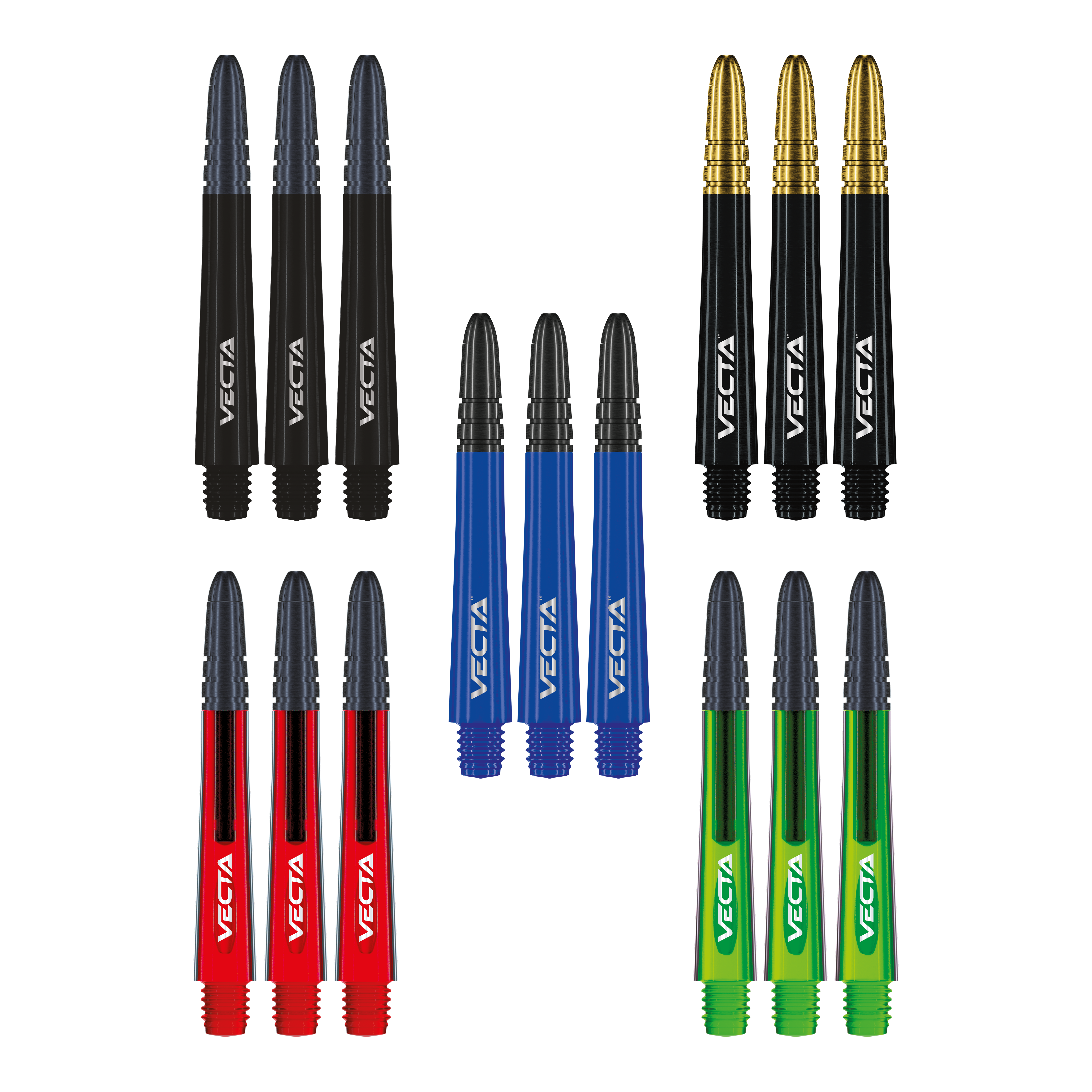 Colección de ejes Winmau Vecta Das Foto zeigt die Winmau Vecta Shaft Collection. Die Sammlung umfasst verschiedene Dartschäfte.
