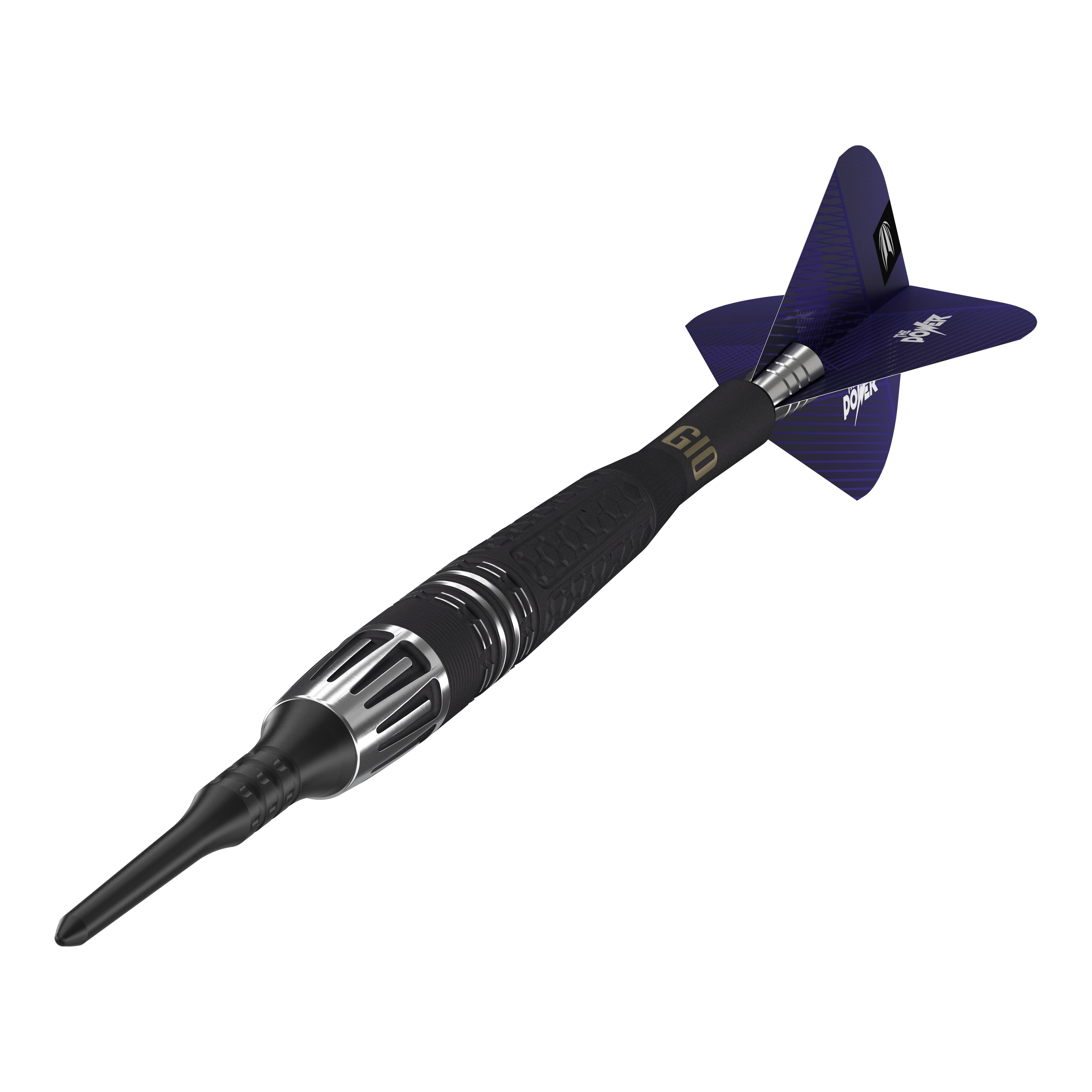 Dardos blandos Target Phil Taylor Power 9Five GEN10 Auf dem Bild ist ein Target Phil Taylor Power 9Five GEN10 Softdart zu sehen. Der Dartpfeil hat ein modernes Design mit schwarzen und silbernen Details sowie blauen Flights.