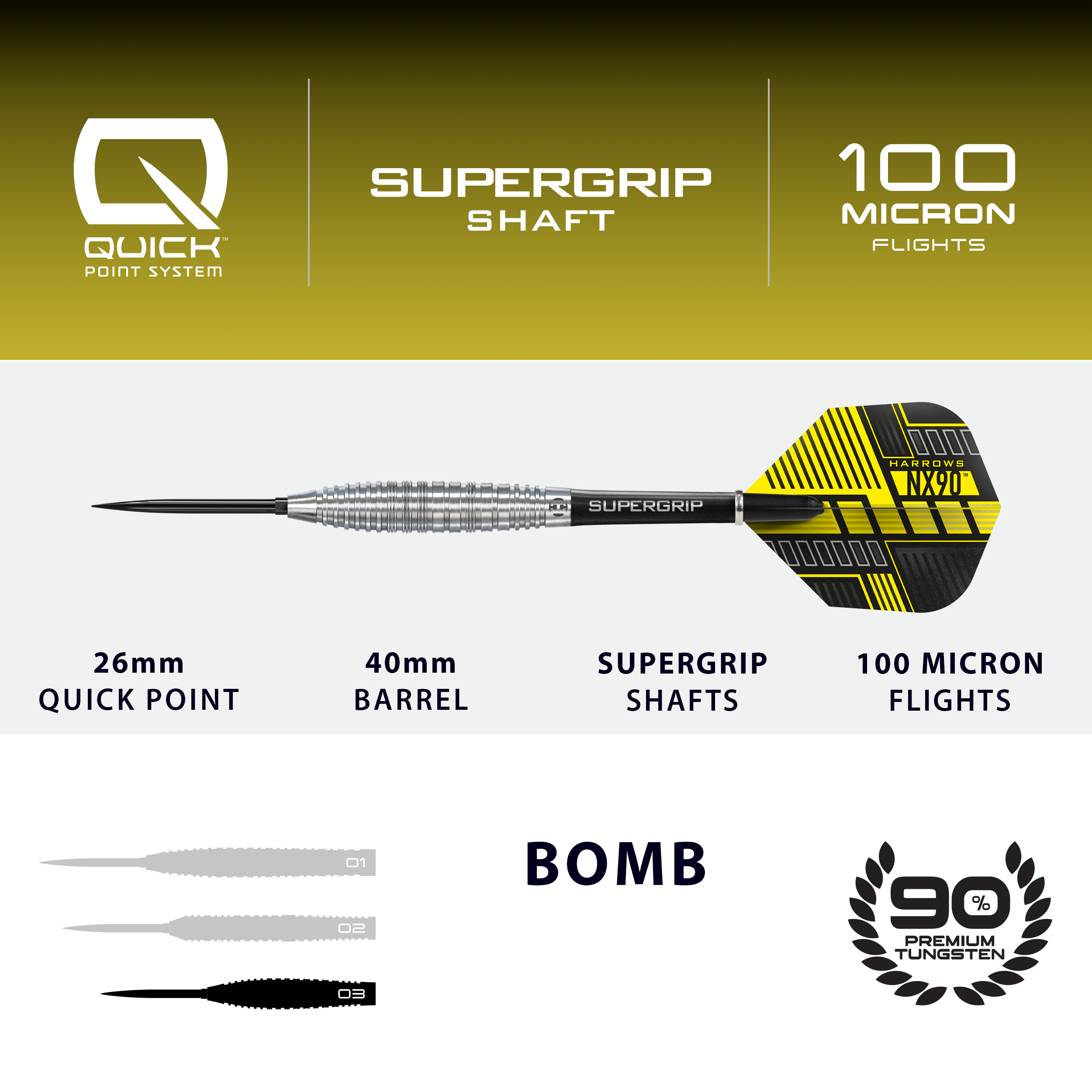 Dardos de acero de punta rápida Harrows NX90 Bomb Hier ist das Produkt Harrows NX90 Bomb Quick Point Steeldarts abgebildet. Die Darts werden für professionelle Spiele verwendet.