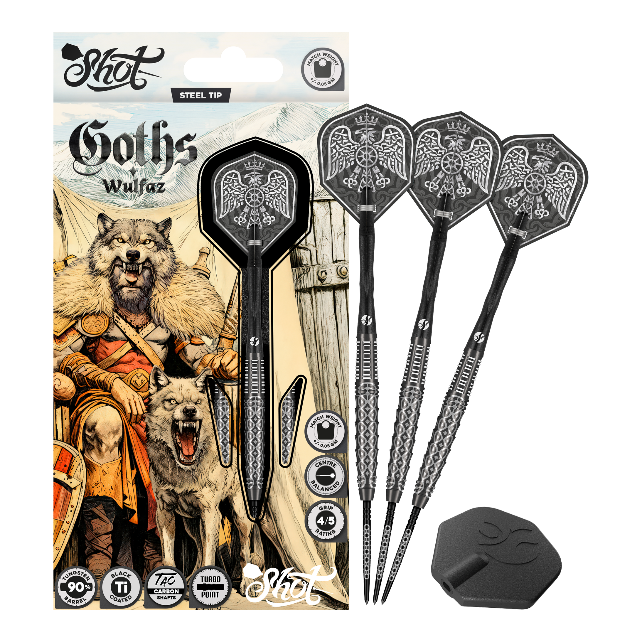 Dardos de acero Shot Goths Wulfaz Turbo Point - 23 g Auf diesem Bild sieht man die Shot Goths Wulfaz Turbo Point Steeldarts - 23g in voller Ansicht. Das Design ist auffällig und für Dart-Fans interessant.