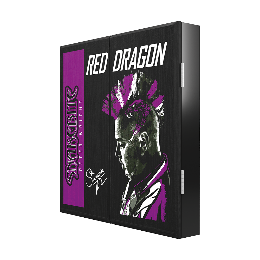 Z0169_Red_Dragon_Peter_Wright_Dartboard_Cabinet_3 Das Bild zeigt das Produkt "Red Dragon Peter Wright Dartboard Kabinet". Auf dem Schrank ist ein Porträt von Peter Wright mit auffälligem lila Design zu sehen.