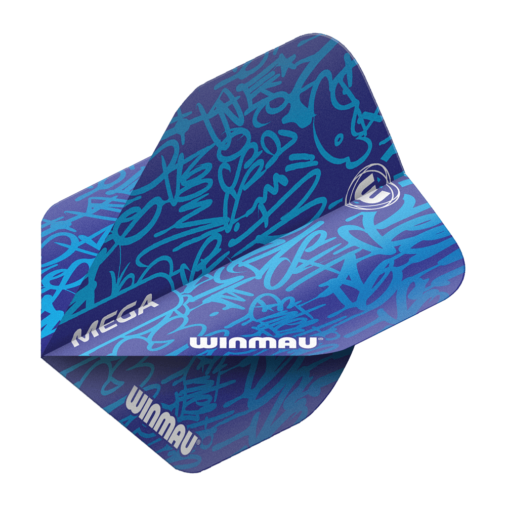 6900-240_Winmau_Mega_Blue_Standard_Flights_2 Das Bild zeigt die Winmau Mega Blue Standard Flights. Sie haben ein auffälliges blaues Design mit hellblauen Schriftzügen und dem Winmau-Logo.