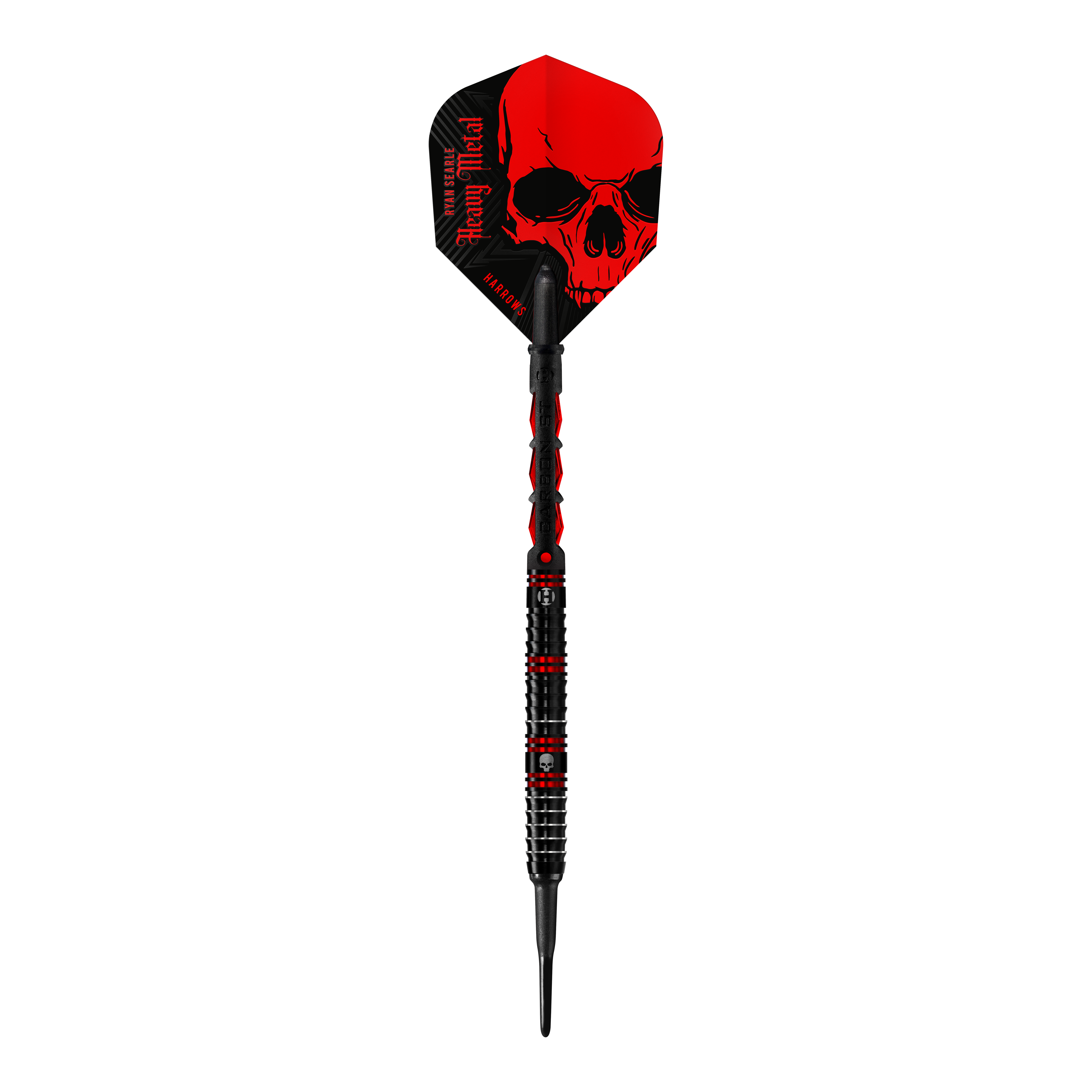 Dardos blandos de metal pesado Ryan Searle de Harrow Der abgebildete Dartpfeil ist der „Harrows Ryan Searle Heavy Metal Softdart“. Er hat ein auffälliges schwarzes Design mit roten Elementen und einem Totenkopf auf dem Flight.
