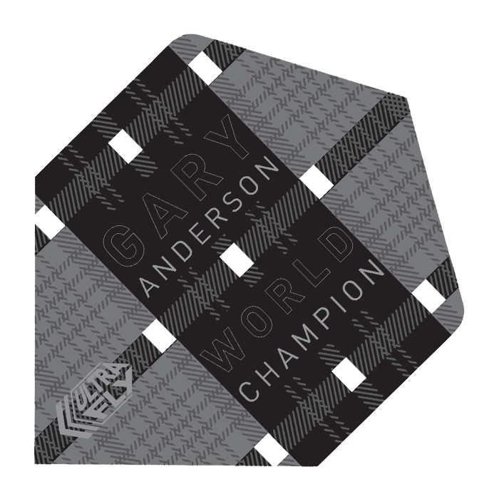 68869-Unicorn-UltraFly-Player-Std-Gary-Anderson-Black Das Bild zeigt ein Dartflight mit schwarzem Karomuster und weißen Akzenten. Auf dem Flight stehen die Wörter "Gary Anderson World Champion".