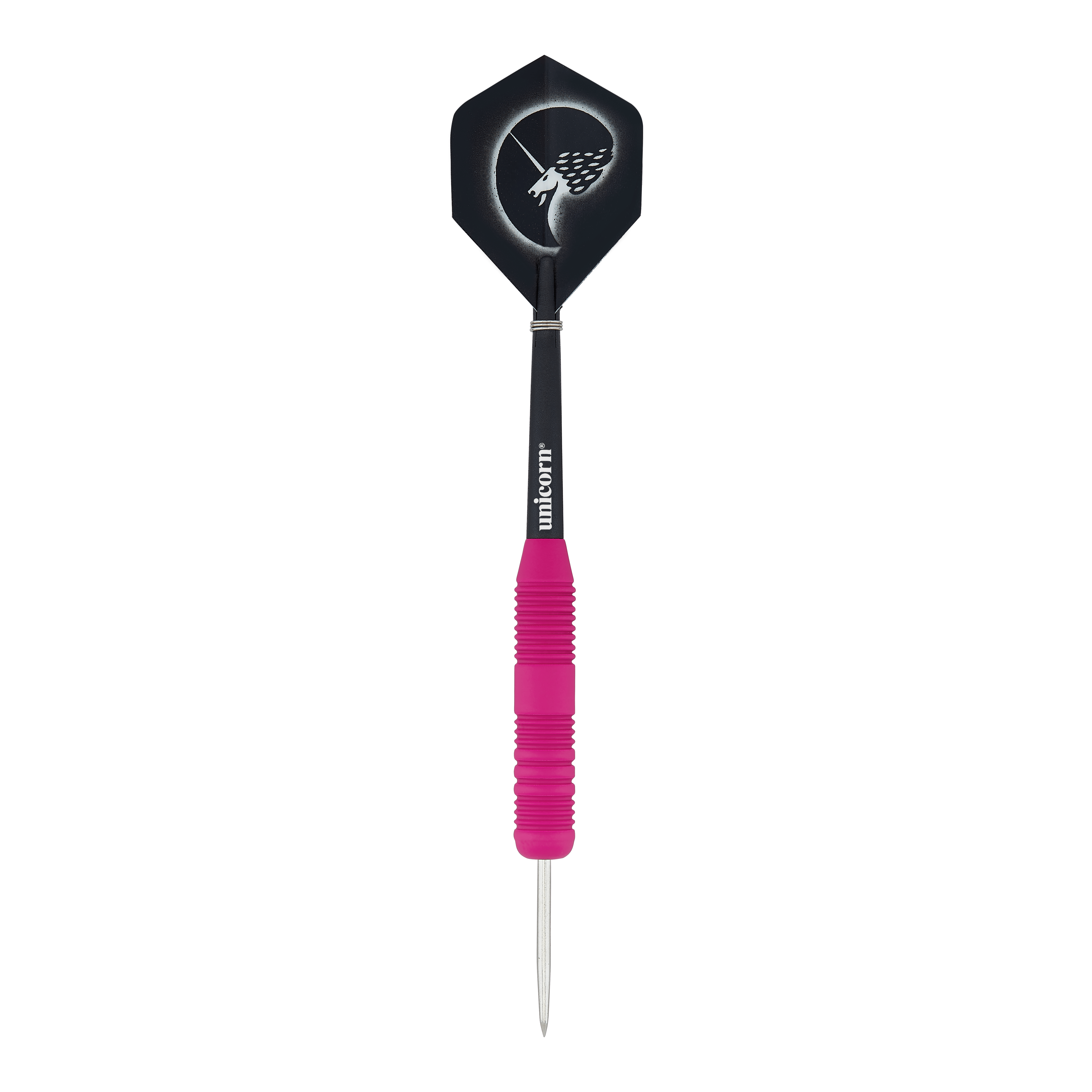 Dardos de acero de goma rosa Unicorn Core Plus Dies ist ein Steeldart mit einer pinken, gummierten Griffzone. Das Flight zeigt ein Einhorn-Design auf schwarzem Hintergrund.