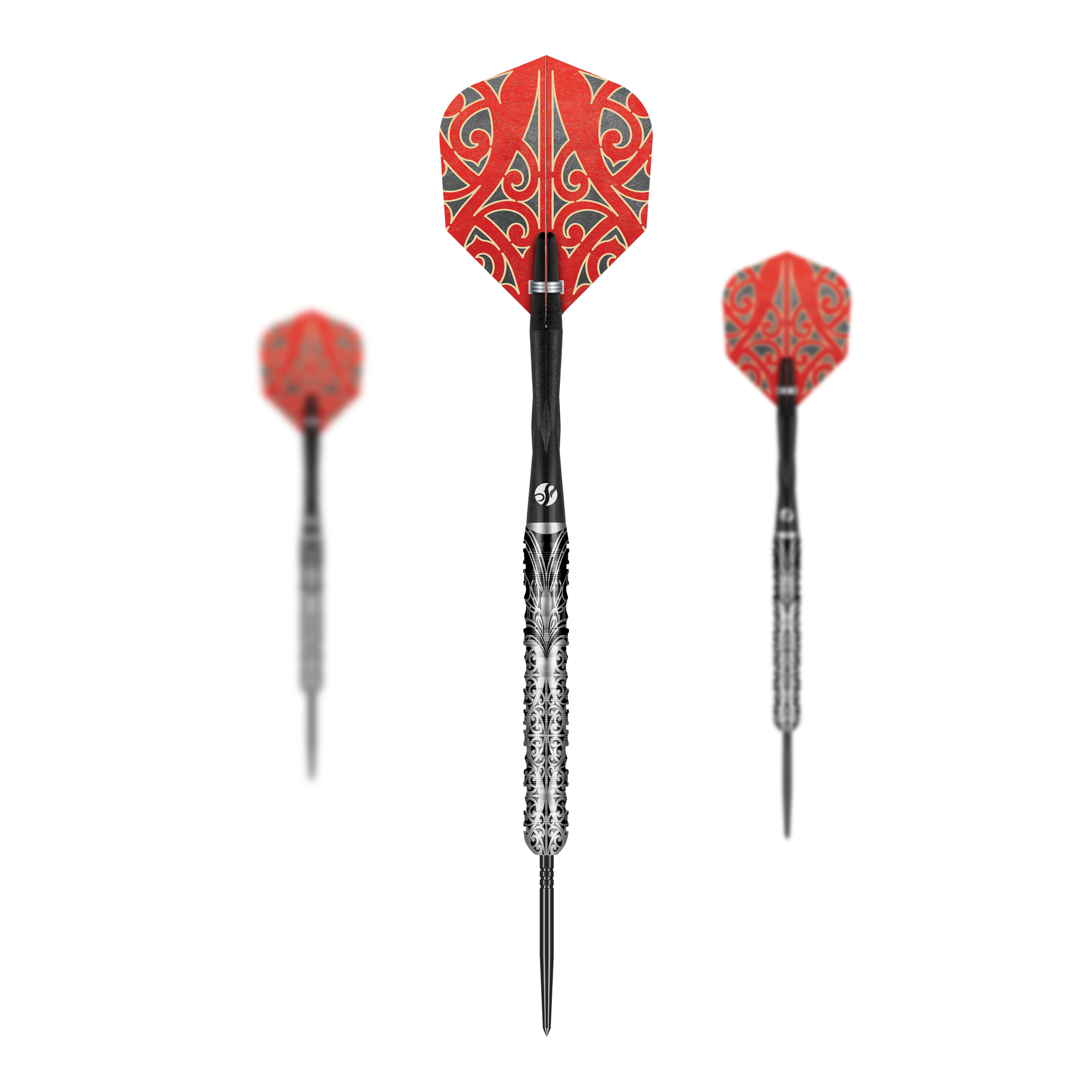 Das Produktfoto zeigt mehrere Shot Warrior Taiaha TurboPoints Steeldarts. Die Darts sind detailliert gestaltet.
