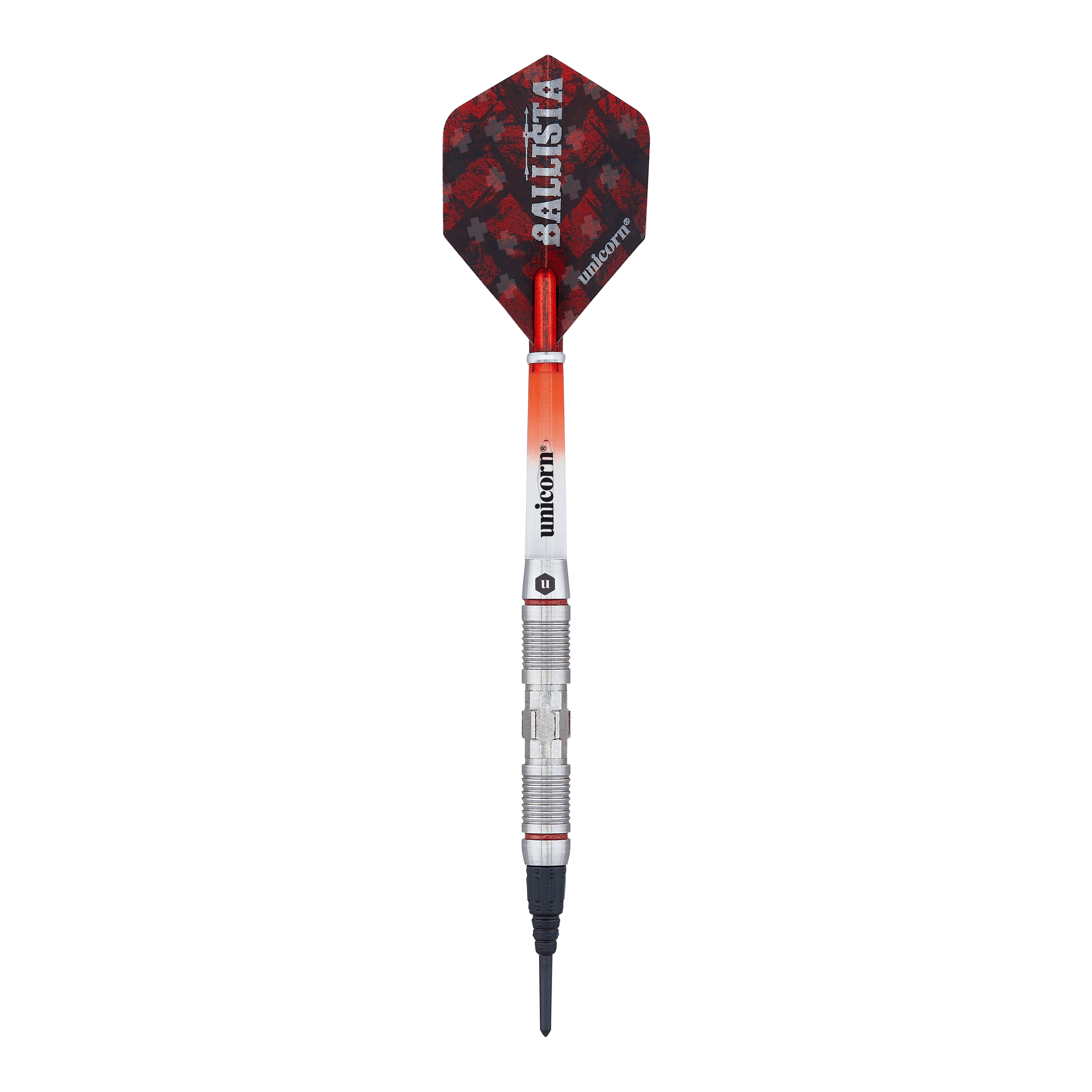 Dardos suaves Unicorn Ballista Style 2 Das Bild zeigt einen Softdart aus der Produktreihe "Unicorn Ballista Style 2". Der Dart hat eine rot-schwarze Flight und einen silbernen, strukturierten Schaft.