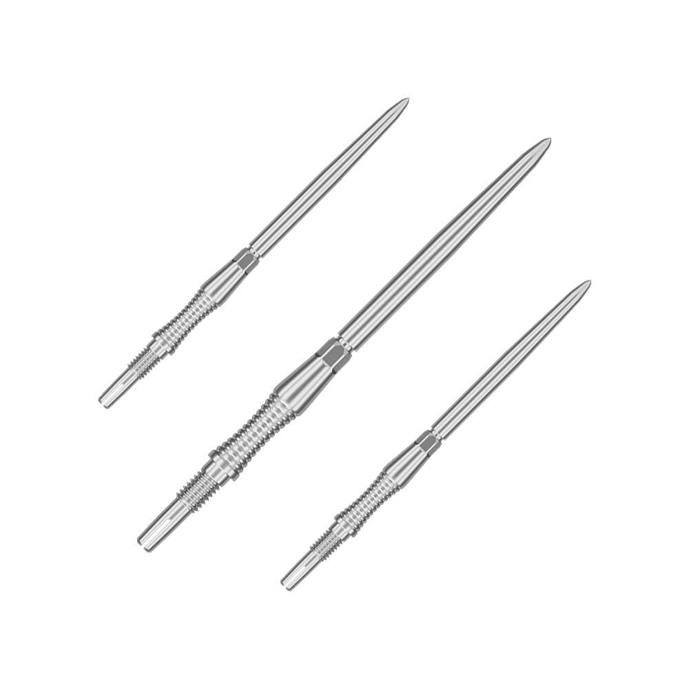 Auf dem Bild sind Dartspitzen aus dem Set '340302_Target_Swiss_Point_Dartspitzen_Signature_RST_Silber_42mm_1Set' abgebildet. Mehrere silberne Dartspitzen sind zu erkennen.