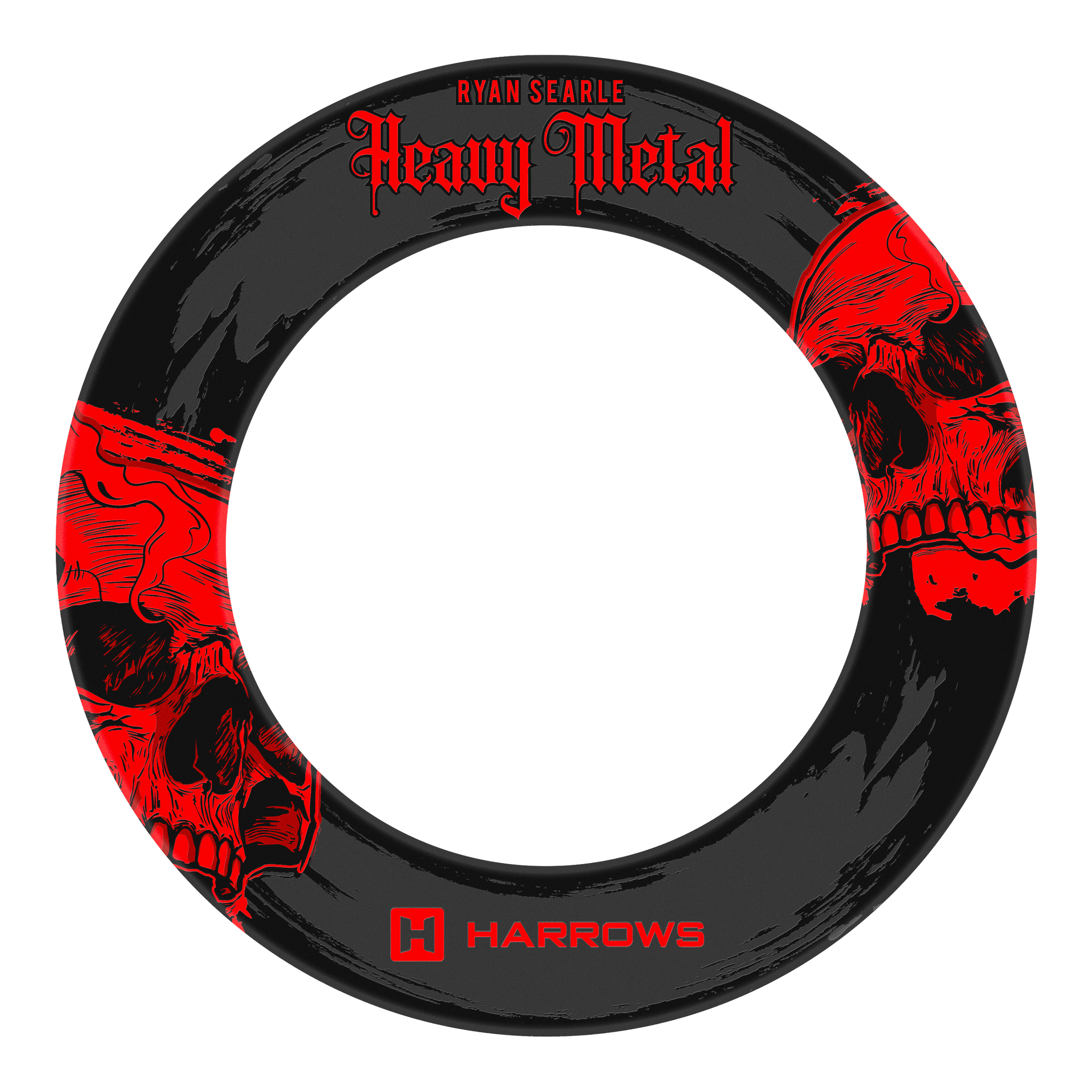 Harrows Ryan Searle Heavy Metal Surround Harrows Ryan Searle Heavy Metal Surround ist auf diesem Bild zu sehen. Das Produkt ist rund und dient als Dartboard-Umrandung.