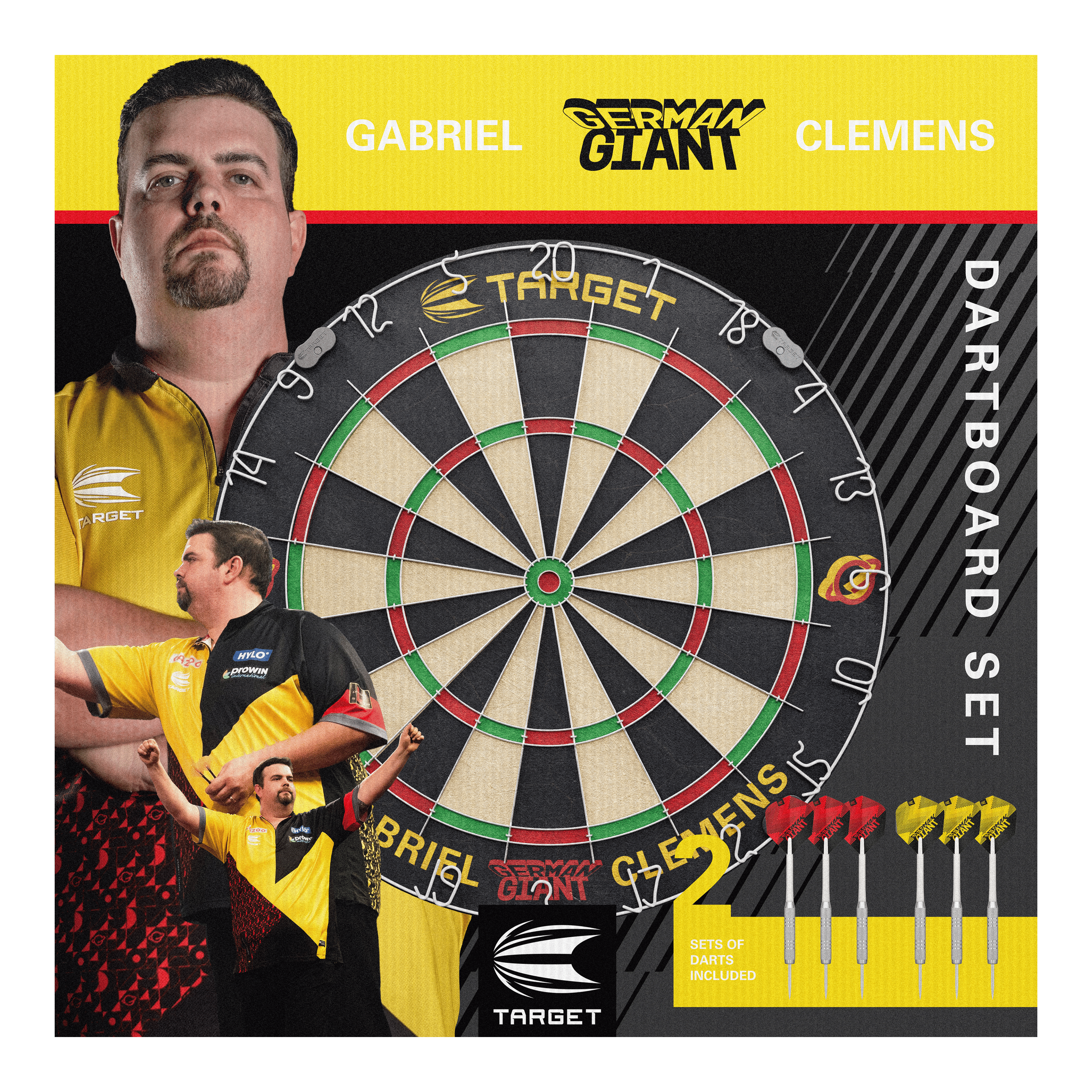 Juego de dardos de acero Target Gabriel Clemens Das Bild zeigt das "Target Gabriel Clemens Steeldartboard Set" mit einem großen Dartboard in der Mitte. Rechts unten sind zwei Sets von Darts abgebildet, und im Hintergrund sieht man Bilder von Gabriel Clemens.