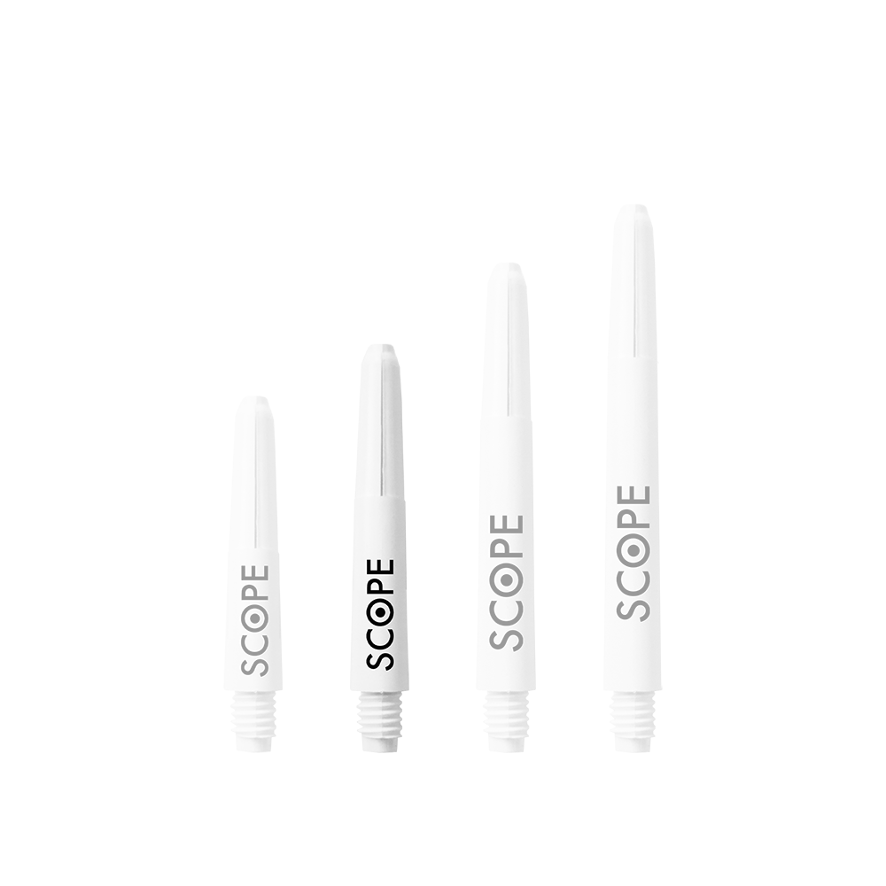 525_McDart_Scope_Nylon_Shafts_Weiss_34mm_1 Das Bild zeigt vier McDart Scope Nylon Shafts in unterschiedlichen Längen. Sie sind weiß und haben das Wort "SCOPE" in schwarzer Schrift aufgedruckt.