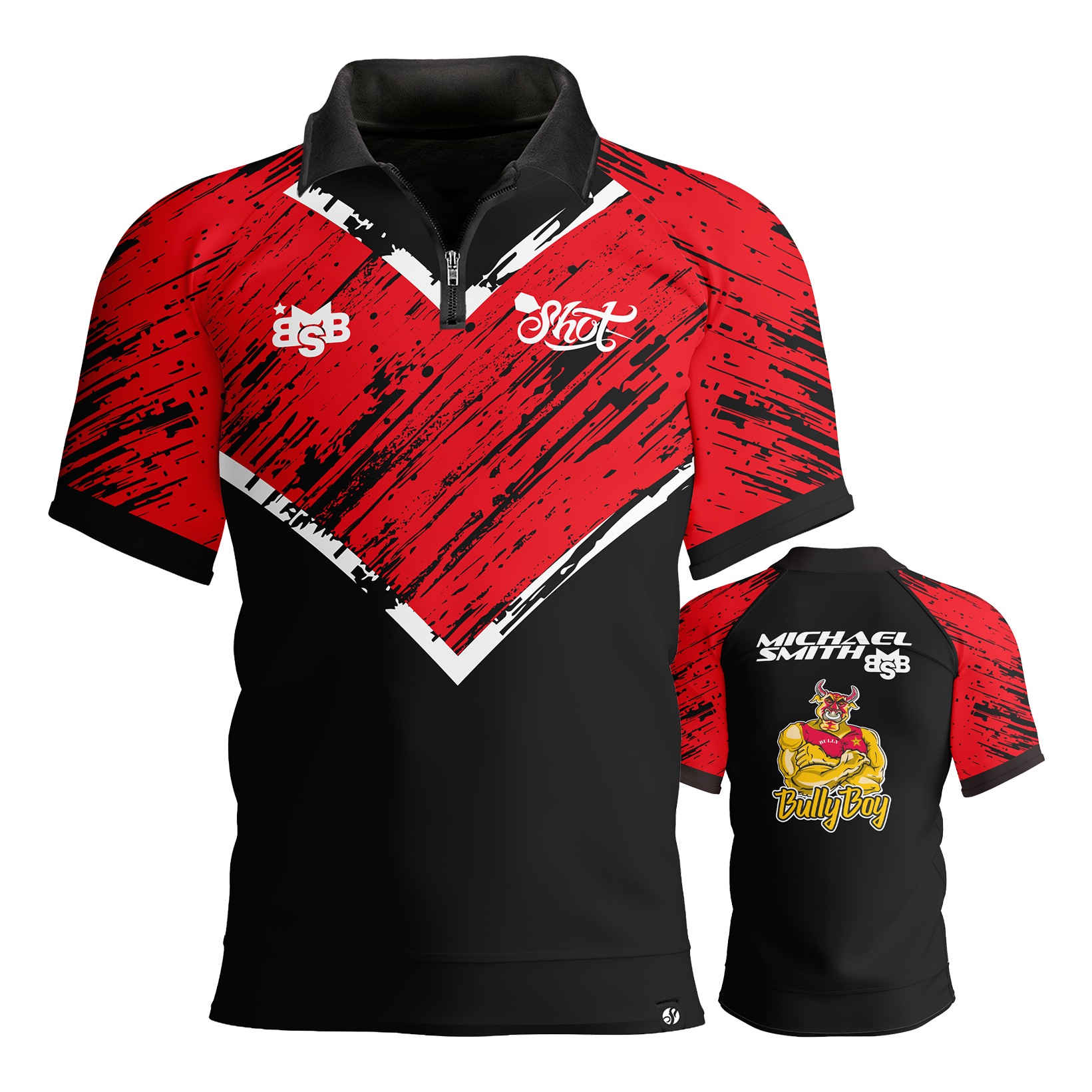 Foto de Michael Smith con polo de rayas rojas y dardos. Abgebildet wird das Shot Michael Smith Red Strip Polo Dartshirt. Dieses Polo ist ideal für Dartspieler und Fans.