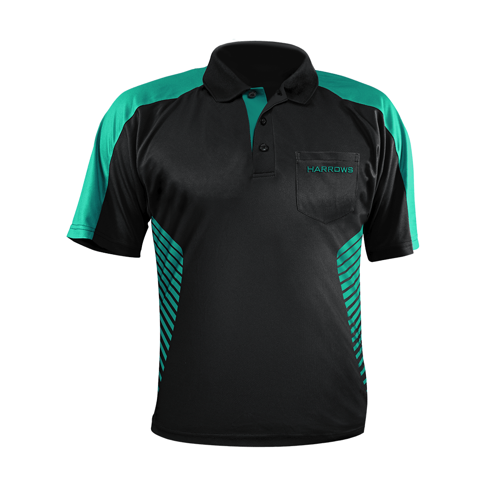 17577-Harrows-Vivid-Dartshirt-Black-Jade-1 Das Bild zeigt ein schwarzes Dartshirt mit jadegrünen Akzenten und der Aufschrift "Harrows" auf der Brusttasche. Die Ärmel und seitlichen Bereiche haben ebenfalls jadegrüne Details und Streifen.