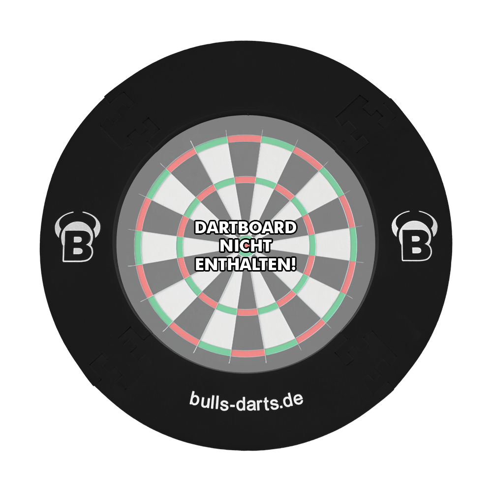 DBS3S_Bulls_Quarterback_Surround_Schwarz_1NzpuIXkSS2sr6 Das Bild zeigt das Produkt "Quarterback Surround", einen schwarzen Dartboard-Surround-Ring. In der Mitte steht der Hinweis: "Dartboard nicht enthalten!"
