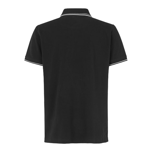 Polo Barriles y Ejes - Negro Das Bild zeigt ein schwarzes Poloshirt mit kurzen Ärmeln. Am Kragen und an den Ärmeln sind weiße Zierstreifen sichtbar.