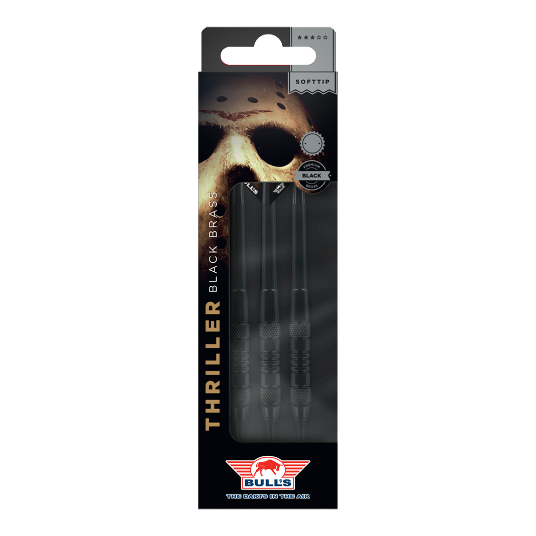 Hier sind Bulls NL Thriller Black Brass Softdarts mit einem Gewicht von 18 Gramm abgebildet. Die Darts sind für das Softdartspiel konzipiert.