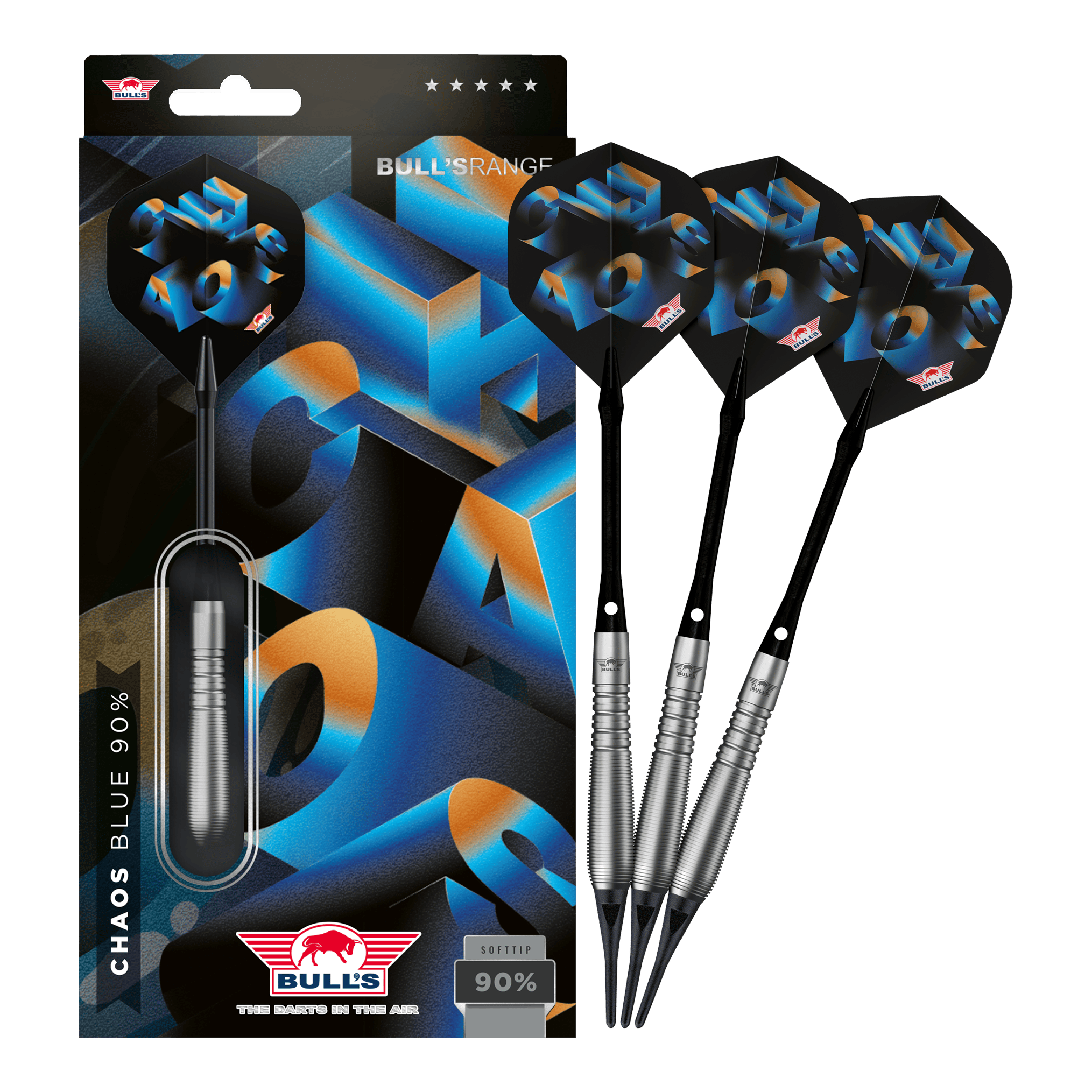 Dardos blandos Bulls NL Chaos azules - 19 g Das Foto präsentiert Bulls NL Chaos Blue Softdarts mit 19g Gewicht in ihrer vollen Länge. Die Softdarts sind in auffälligem Blau gehalten.