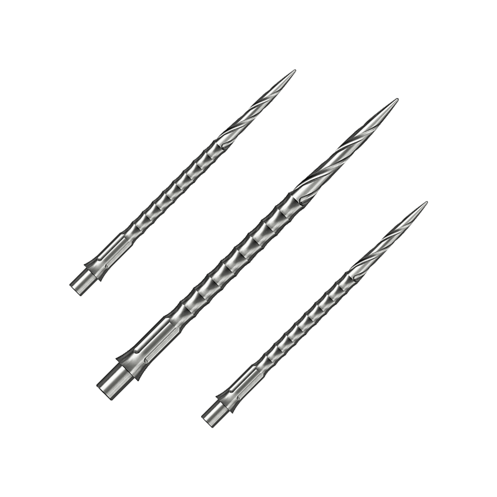 Puntas de dardos de acero Caliburn System - Spiro - NoLip - plateadas Dieses Bild zeigt ein Set von silbernen Steeldartspitzen des Caliburn Evo Systems. Das Spiro NoLip Design ist erkennbar, die Spitzen sind 40 mm lang.