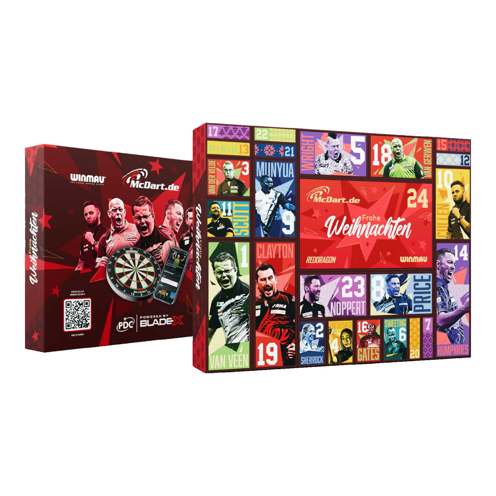Calendario de Adviento de Dardos de Acero McDart 2026 Hier ist der McDart Steel-Darts Adventskalender 2026 abgebildet. Die Verpackung hebt das Adventskalender-Design für Darts-Spieler hervor.