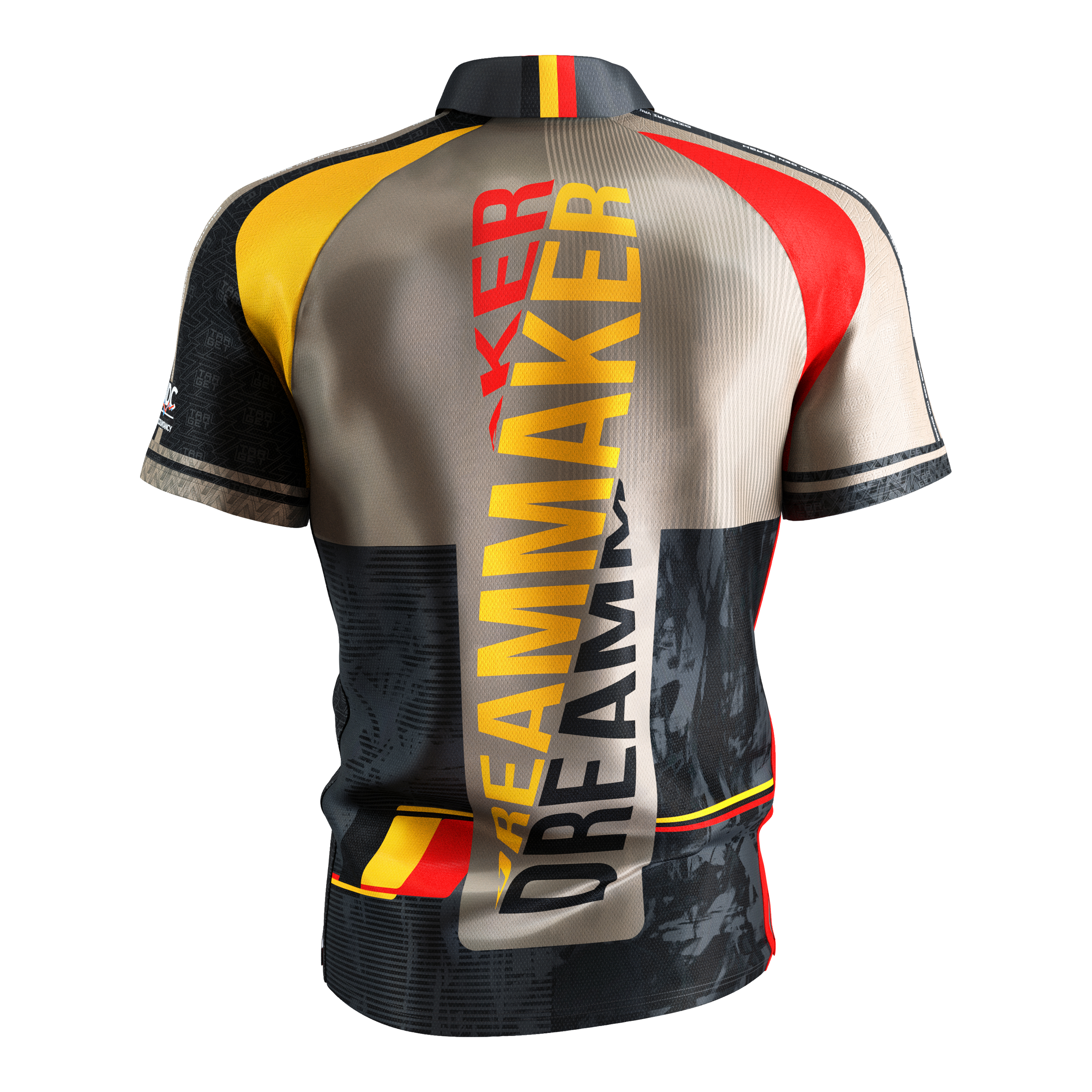 Camiseta dardos Target Coolplay Dimitri Van Den Bergh 2025 Dies ist das Target Coolplay Dimitri Van Den Bergh 2025 Dartshirt. Auf der Rückseite steht in großen Buchstaben "DREAMMAKER" und das Shirt hat auffällige Farben in Gelb, Rot und Schwarz.