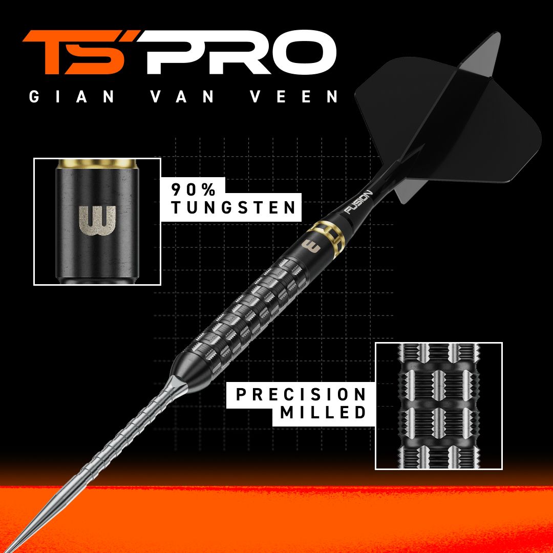 Dardos de acero Winmau Gian Van Veen TS-PRO Switch Point Abgebildet sind Winmau Gian Van Veen TS-PRO Switch Point Steeldarts. Die Darts sind aus leicht glänzendem Material mit auffälligen Details.