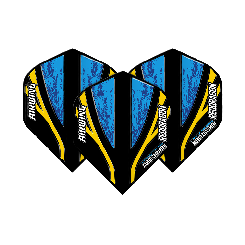 Ala Aérea Red Dragon Luke Humphries Campeón Mundial Vuelos Estándar Azul Negro Das Bild zeigt drei Dartflights mit dem Namen "Red Dragon Airwing Luke Humphries World Champion Black Blue Standard Flights". Die Flights sind überwiegend blau und schwarz mit gelben Akzenten und weißer Schrift.