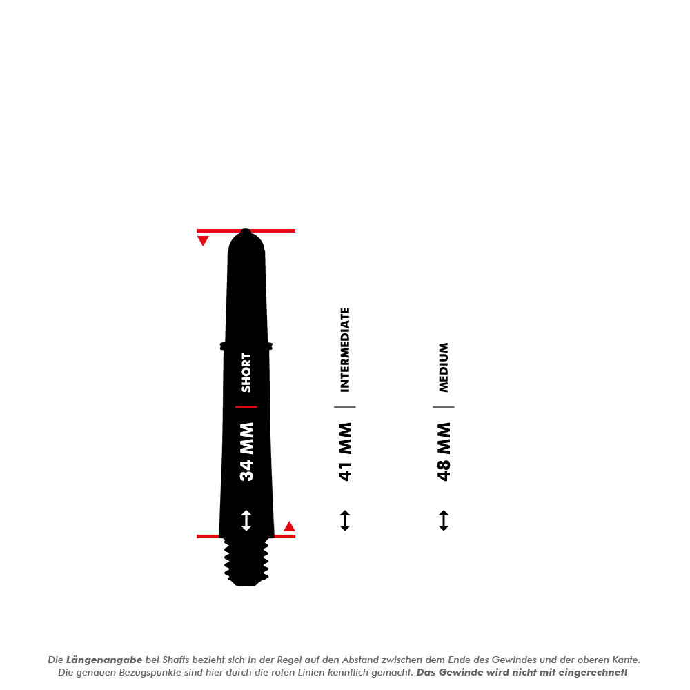 Varillas Target Pro Grip Vision - 3 juegos - Negras Das Bild zeigt einen kurzen Target Pro Grip Vision Shaft mit einer Länge von 34 mm. Rechts daneben sind die Größen "Intermediate" (41 mm) und "Medium" (48 mm) als Vergleich dargestellt.