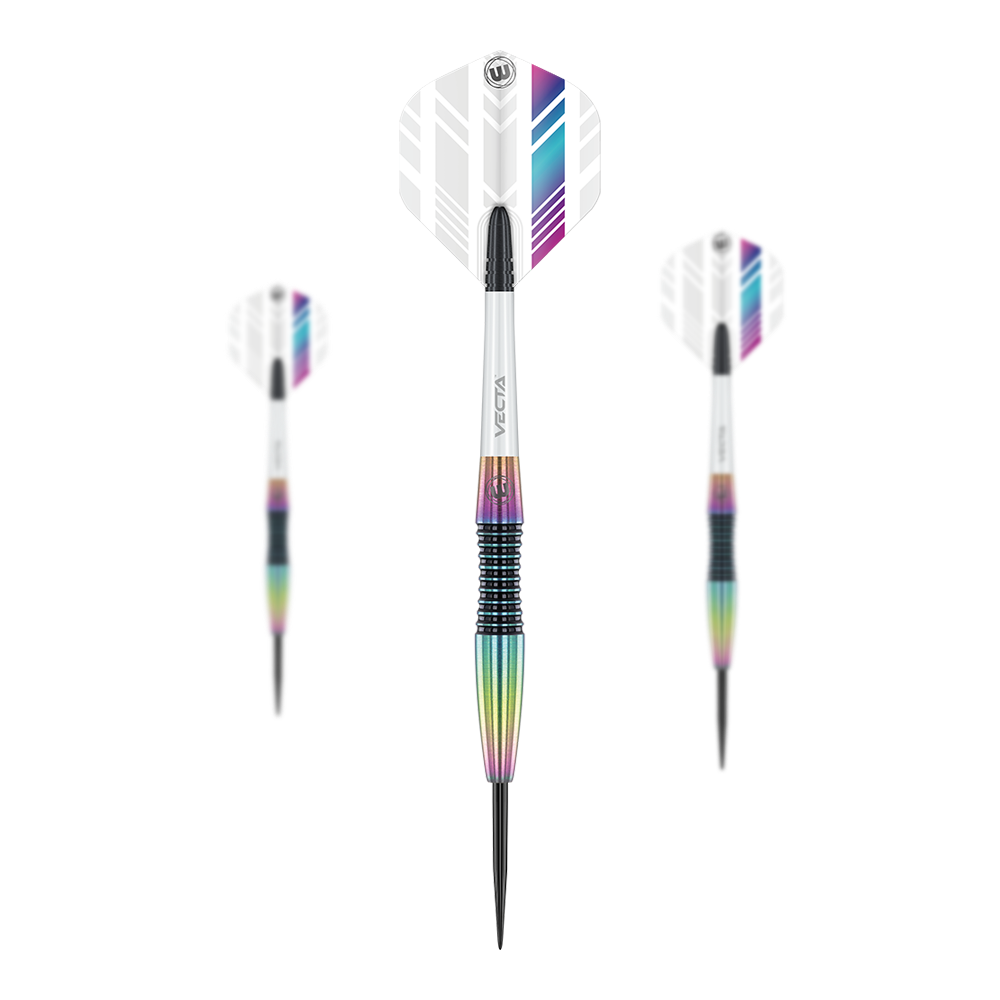 Dardos Winmau Elektra acero Das Bild zeigt drei Winmau Elektra Steeldarts mit weißen Flights und bunten, metallischen Schäften. Die Darts sind modern gestaltet und haben schwarze Spitzen.