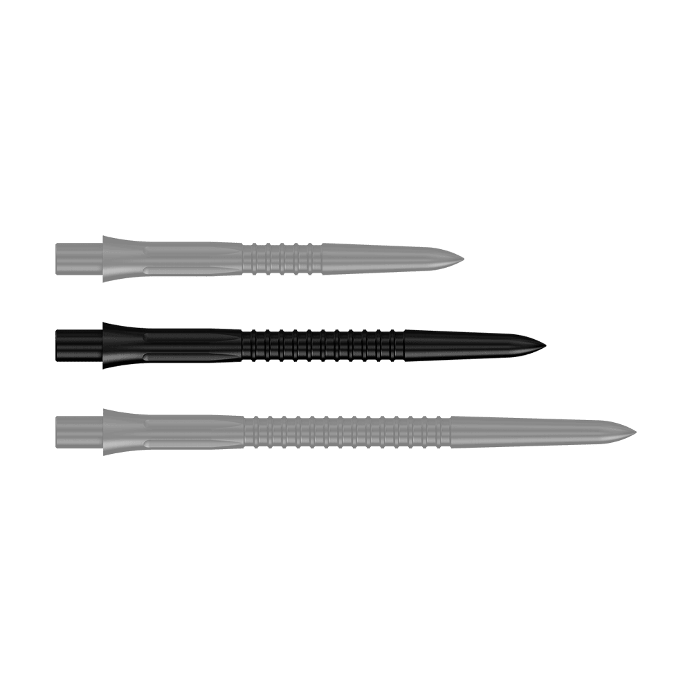 Puntas de dardos Mission Caliburn EVO GV1 - Negras Schwarze Steeldartspitze mit 32 mm Länge aus der Misson Caliburn EVO GV1 Reihe. Das Produktbild zeigt eine einzelne Spitze im Detail.