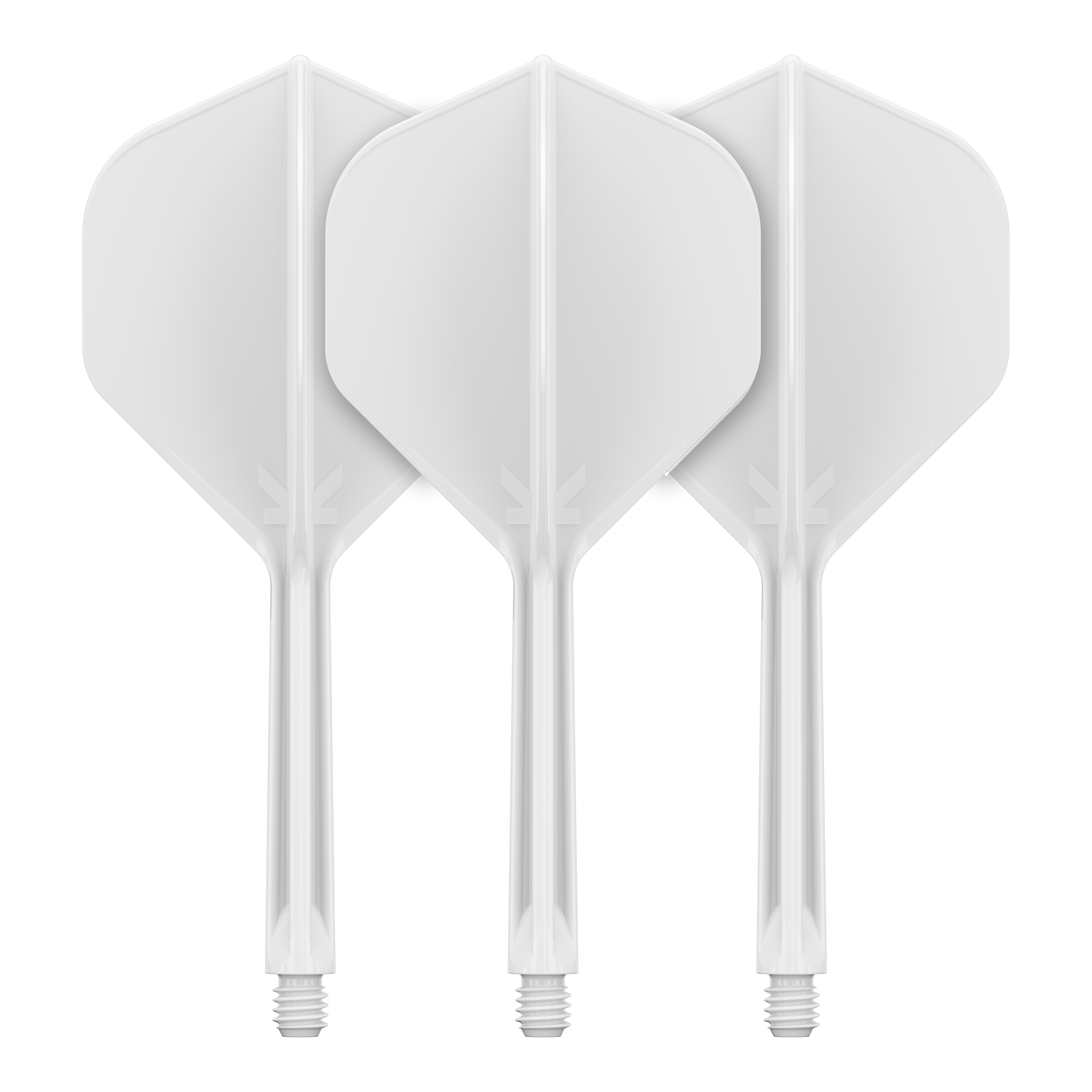 Sistema de vuelo estándar Target K-Flex No2 - Blanco Auf dem Bild sind drei weiße Dartflights mit Schaft zu sehen. Sie stehen nebeneinander und haben eine klassische, standardmäßige Form.