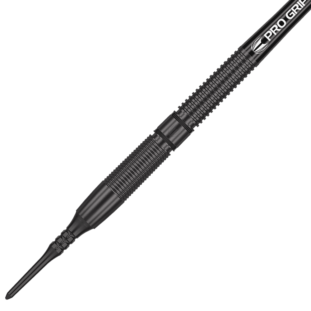 210322_Target_Gabriel_Clemens_Black_Edition_Softdarts_2 Auf dem Bild ist ein schwarzer Softdart der Marke Target Gabriel Clemens Black Edition – 19g zu sehen. Der Dart hat eine strukturierte Griffzone und eine schwarze Kunststoffspitze.