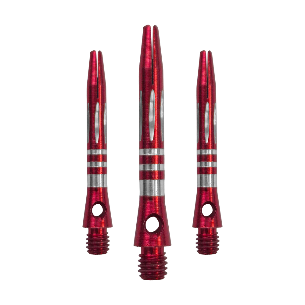 Ejes de aluminio con corte de diamante y anillos - Rojo - 35 mm Das Bild zeigt ein Set der Ringed Diamond Cut Aluminium Shafts - Rot - 35 mm. Mehrere rote Aluminium-Dartschäfte liegen nebeneinander.