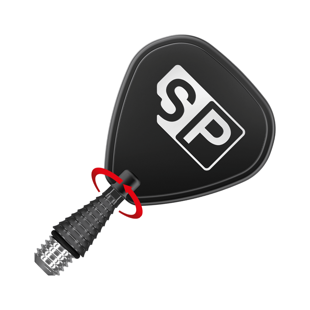 380172_Target_Titanium_Swiss_Point_Grooved_Conversion_Points_Schwarz_3 Das Bild zeigt eine schwarze Dartspitze mit einer schwarzen Flightscheibe, auf der die Buchstaben "SP" abgebildet sind. Ein roter Pfeil deutet eine Drehbewegung an der Spitze an.