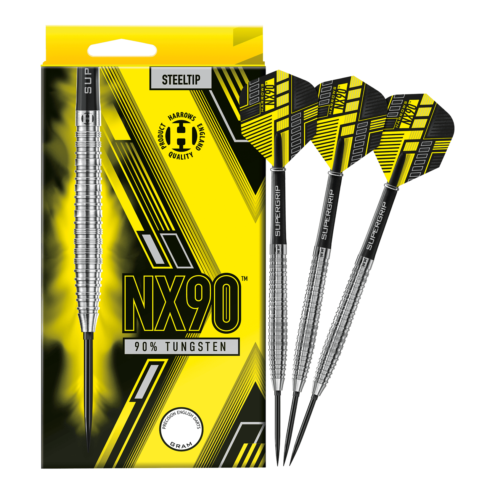 Das Bild zeigt die Harrows NX90 Tapered Quick Point Steeldarts in voller Ansicht. Die Steeldarts sind für Präzision und Qualität bekannt.