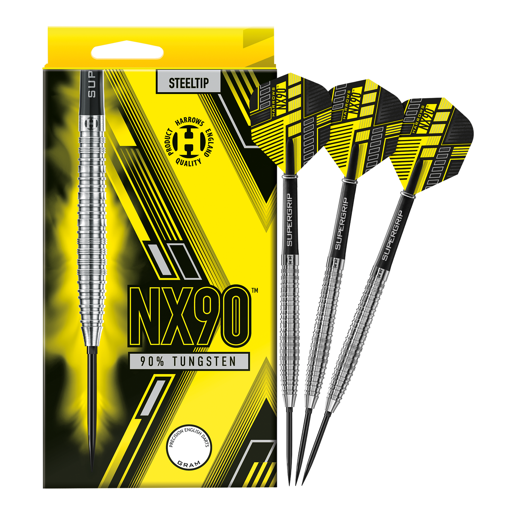 Dardos de acero de punta rápida cónica Harrows NX90 Das Bild zeigt die Harrows NX90 Tapered Quick Point Steeldarts in voller Ansicht. Die Steeldarts sind für Präzision und Qualität bekannt.