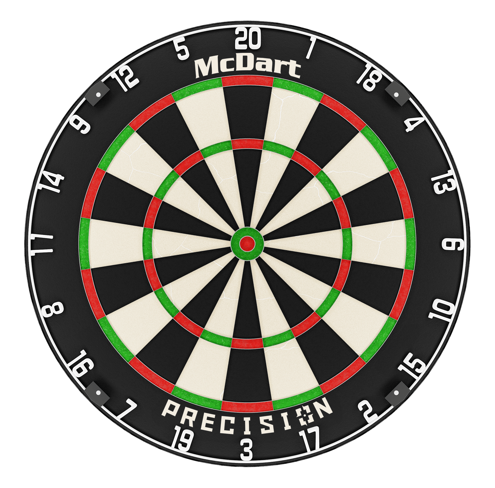 Diana de acero McDart Precision McDart Precision Steeldartboard ist auf dem Bild zentral dargestellt. Die Dartsegmente sind schwarz und weiß.