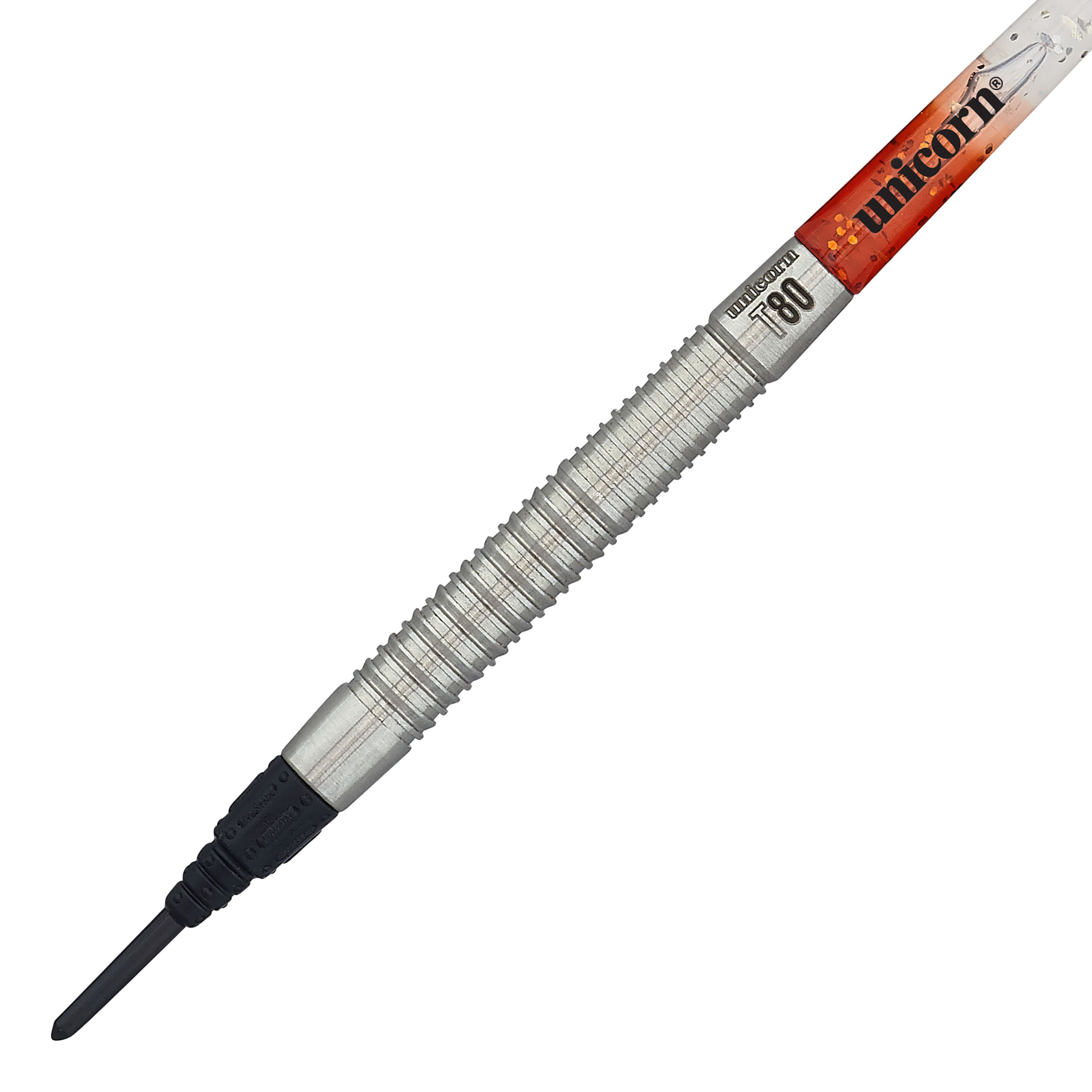 Dardos blandos Unicorn Core XL Striker Style 1 - 19 g Das Bild zeigt einen Unicorn Core XL Striker Style 1 Softdart mit 19 Gramm Gewicht. Der Dart hat einen silbernen, geriffelten Griff und eine schwarze Softspitze.