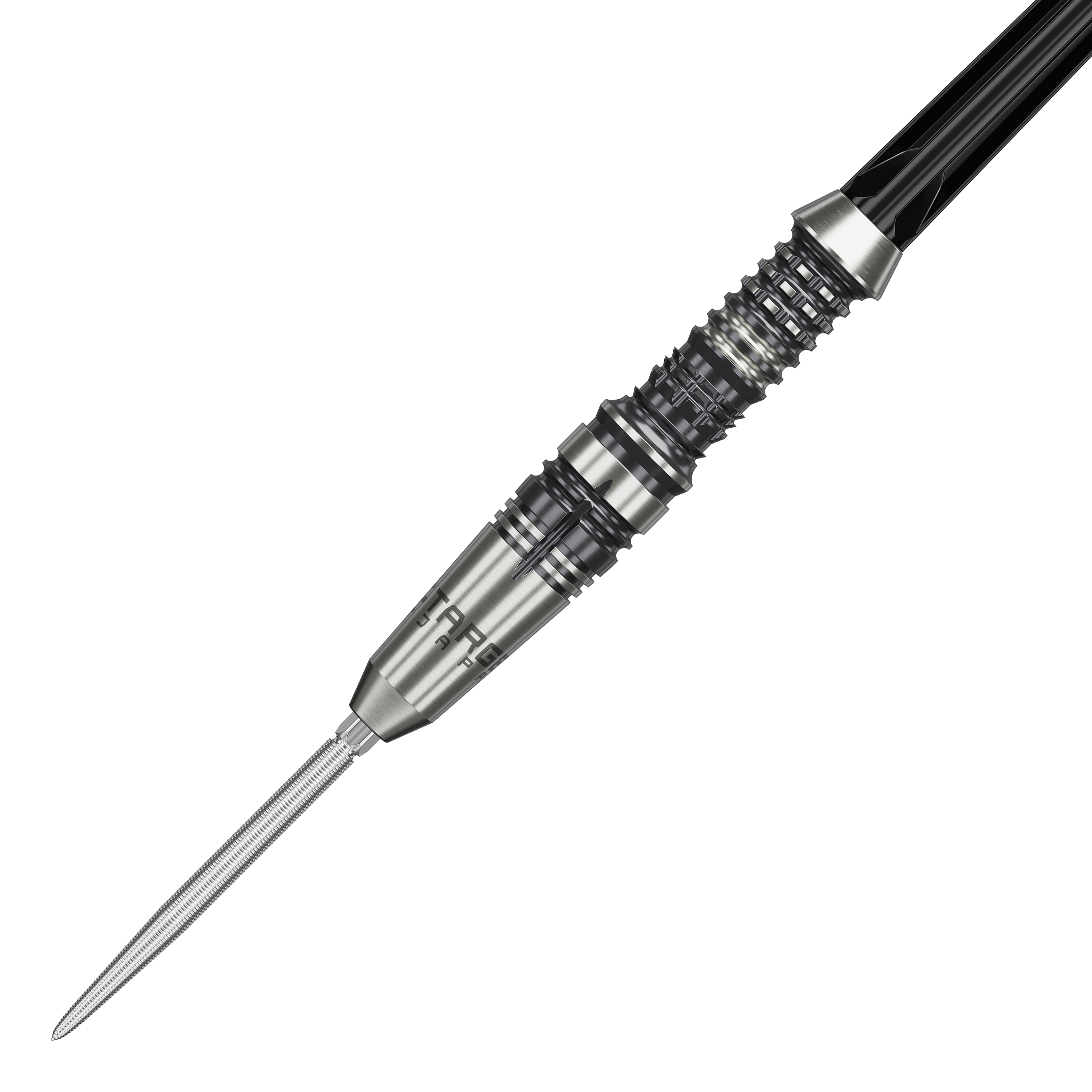 Target Japón Marca Negra Heracles Steeldarts Das Bild zeigt einen Target Japan Black Marque Heracles Steeldart. Der Dart hat ein silbernes, fein geriffeltes Design mit schwarzen Akzenten.