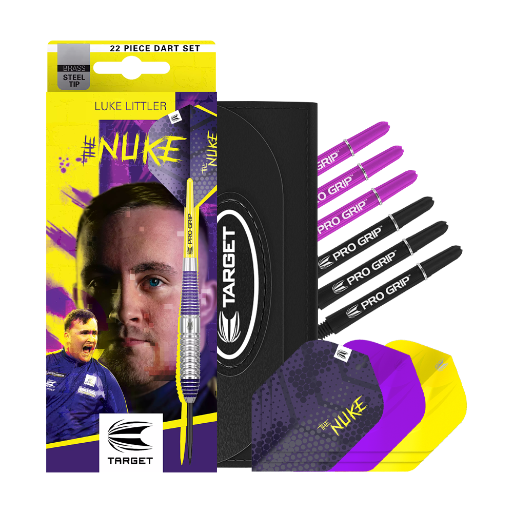 Dardos de acero de latón Target Luke Littler - 22 g Das Bild zeigt das Produkt "Target Luke Littler Brass Steeldarts - 22g" mit buntem Verpackungsdesign. Im Set sind verschiedene Dartflights, Schäfte und eine praktische Aufbewahrungstasche enthalten.