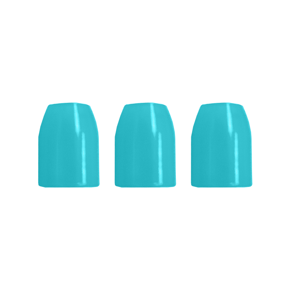 LSF7_L-Style_Champagne-Ringe_Hellblau_2 Das Bild zeigt drei hellblaue, zylindrische Objekte in einer Reihe. Sie haben eine glatte, glänzende Oberfläche.